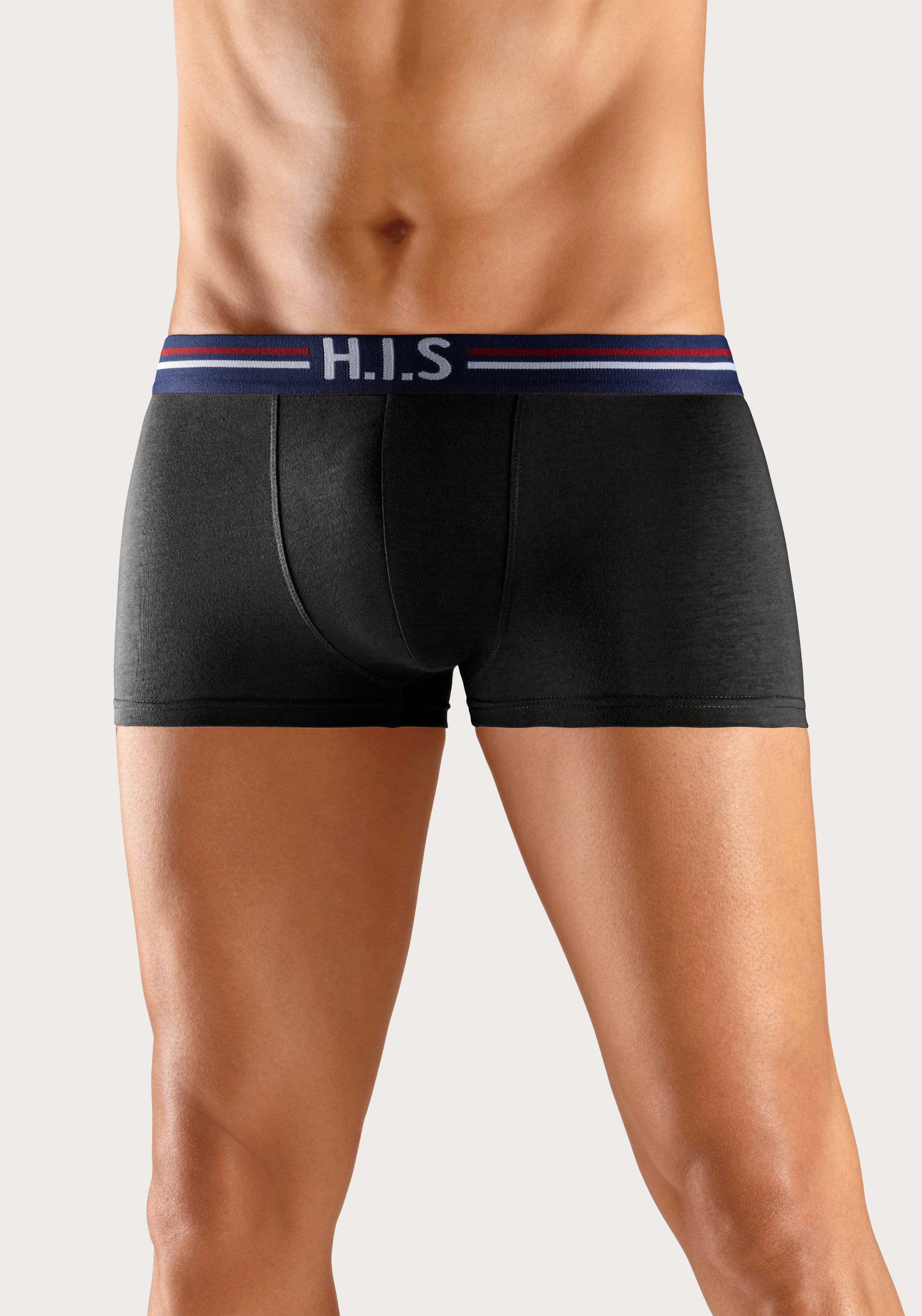 und H.I.S in mint, Markenlogo schwarz im Hipster-Form Boxershorts 5-St) Streifen mit orange, Bund grau-meliert, (Packung, navy,