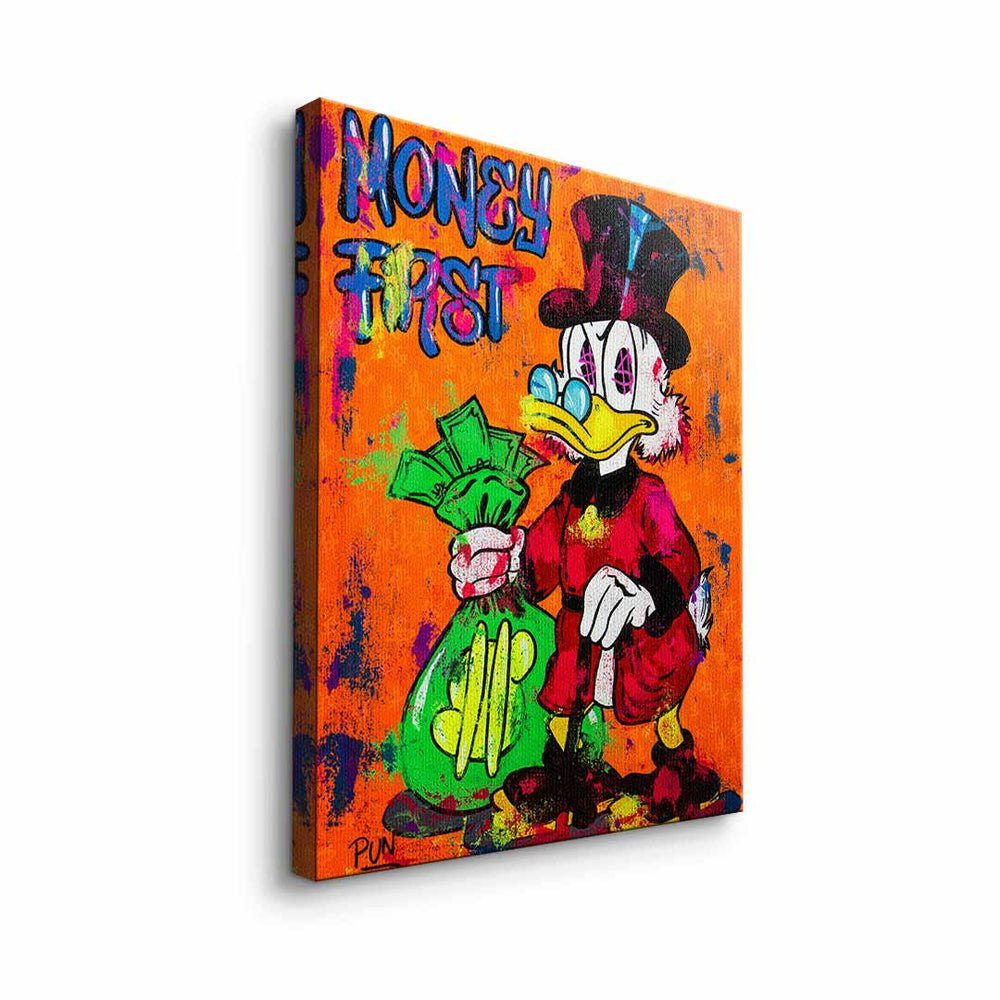 DOTCOMCANVAS® Leinwandbild, Duck ohne Scrooge Bür orange Comic Rahmen Leinwandbild Dagobert first McDuck money