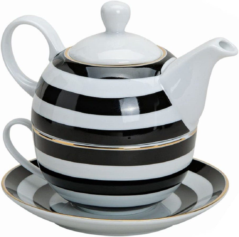 Wurm Teekanne Teekannen-Set mit Tasse Teller Porzellan Streifen schwarz weiß 3tlg