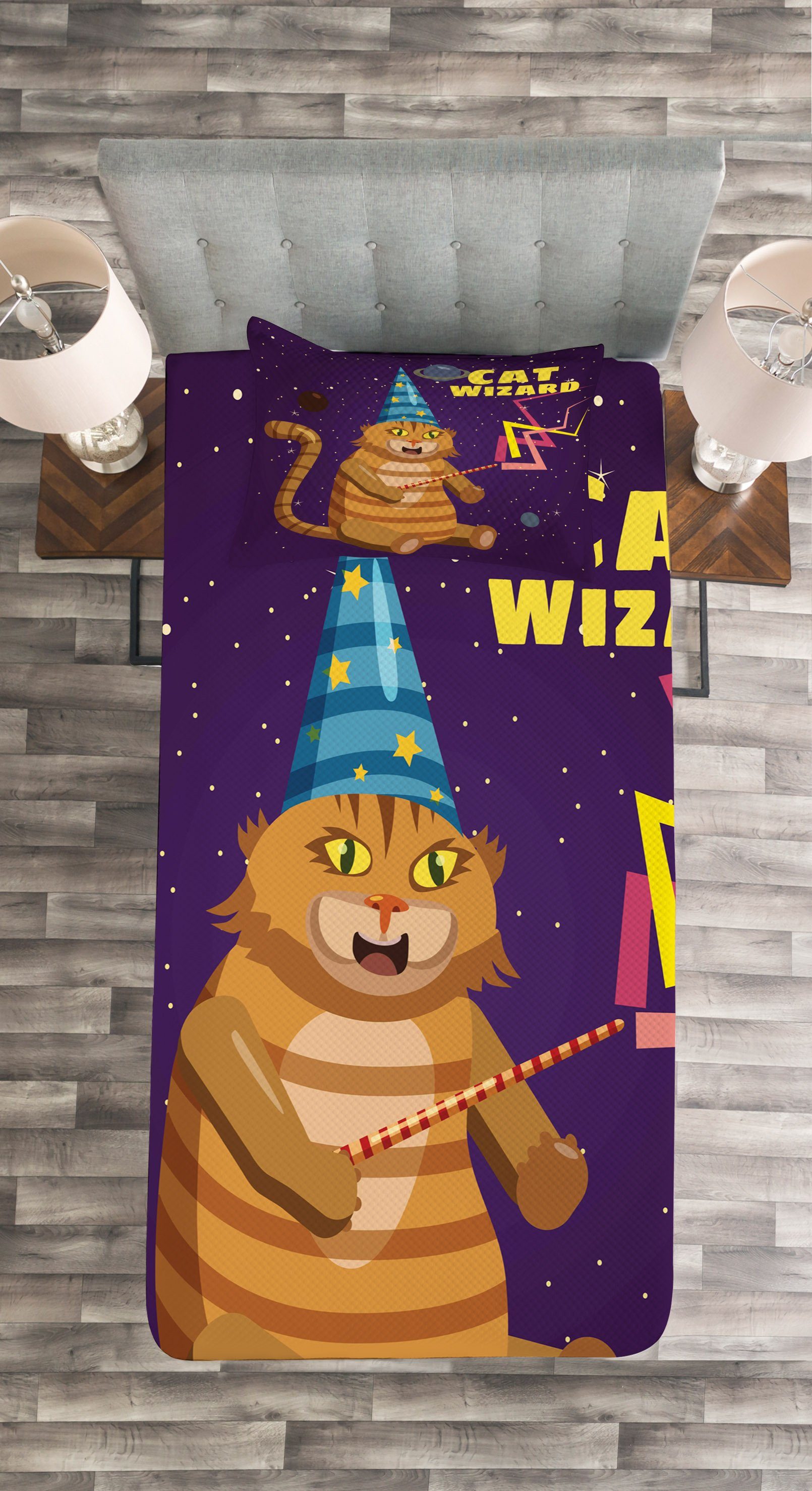 Tagesdecke Katzen-Wizard-lustige Set Humorvoll Kissenbezügen Abakuhaus, mit Waschbar, Karikatur