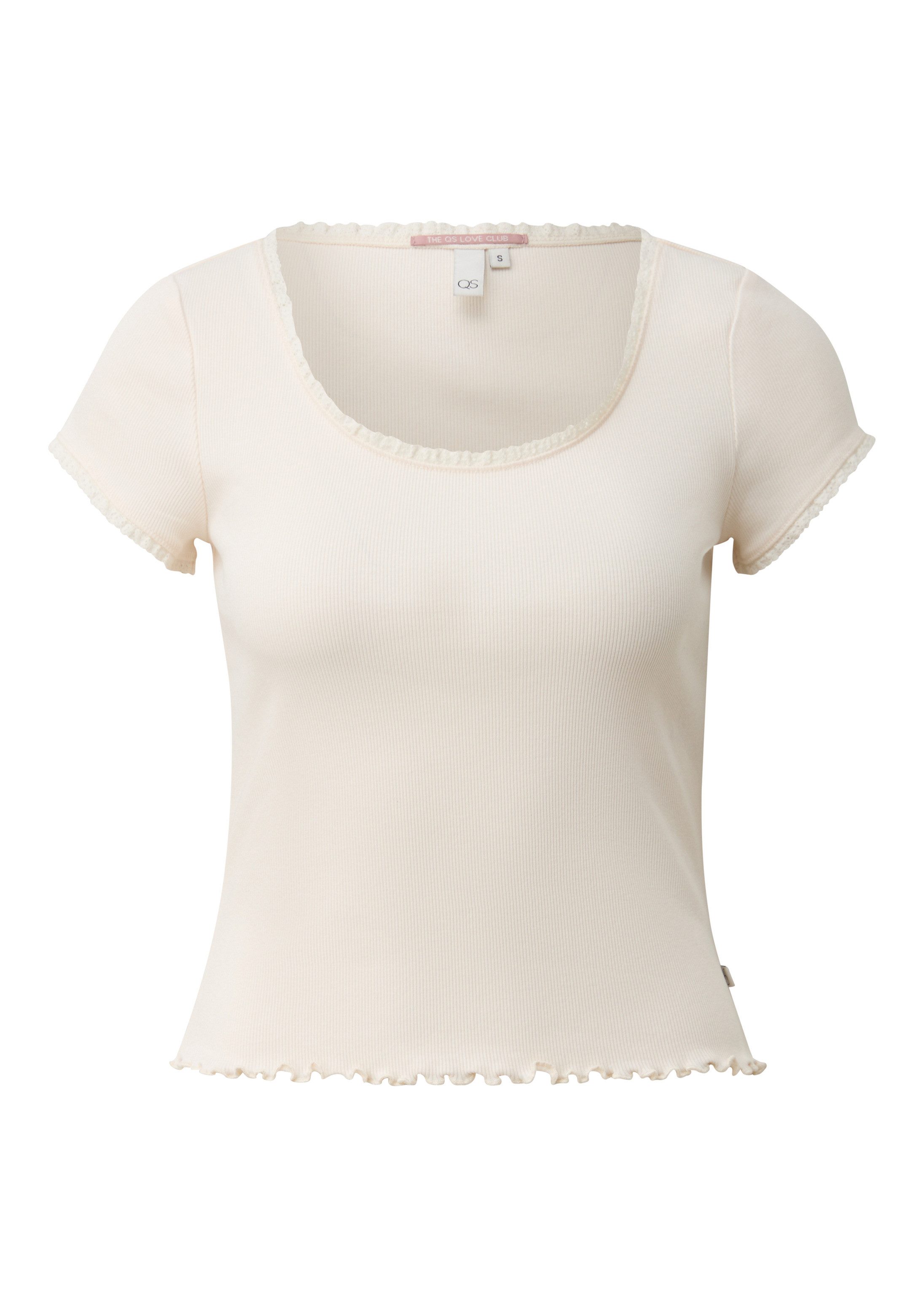 QS Kurzarmshirt T-Shirt Rippshirt mit Spitzenkante