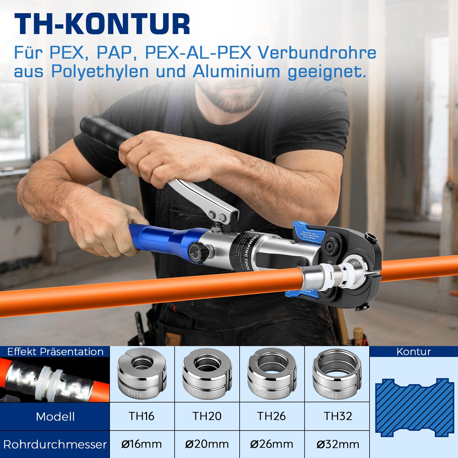 XIIW Presszange Rohrpresszange Hydraulisch mit TH & V Kontur Pressfitting Zange, CR, Set 14-tlg., 80kN Presswerkzeug inkl. Rohrschneider & Entgrater, für Kupfer – Bild 2 von 5
