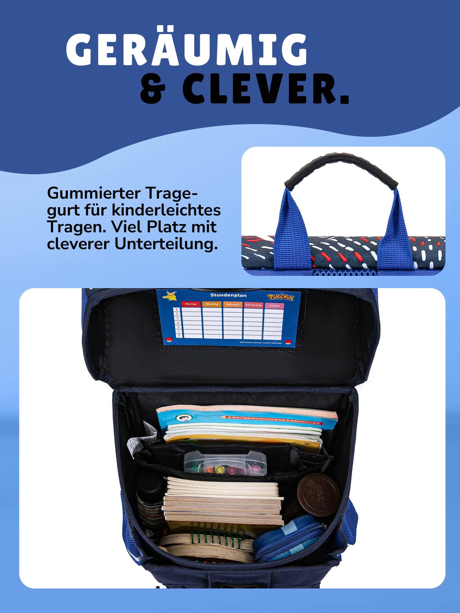 Familando Schulranzen Pokemon Blau, Pikachu Schultasche ab der 1. Klasse (Set, 6-tlg., inkl. Federmappe und Sporttasche), ergonomisch, mit Brustgurt, 990 Gramm  – Bild 5 von 5