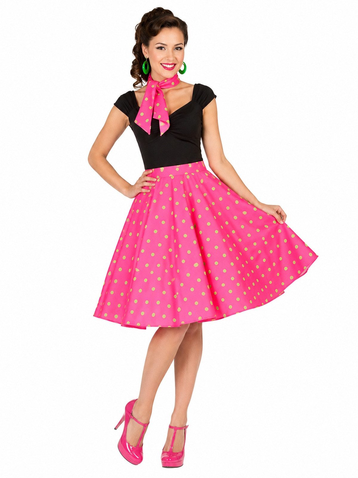 Funny Fashion Kostüm Fifties Punkte Tellerrock mit Halstuch, Pink Grün
