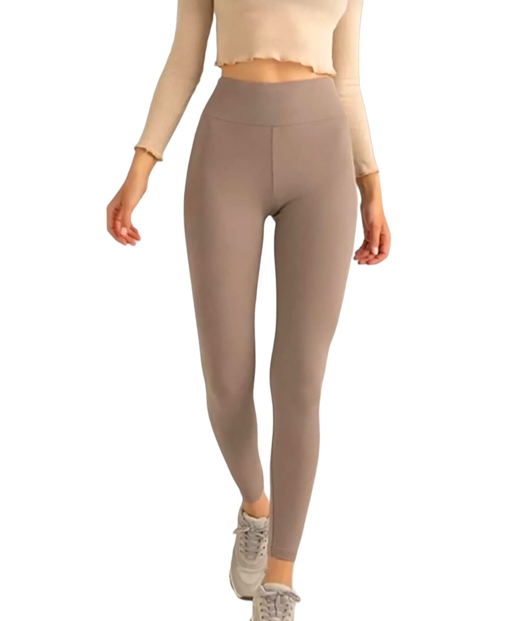 fashionshowcase Thermoleggings gerippte Damen Leggings Fleece Leggings wärmend hoch Baumwolle Bund Milchkaffee innen gefüttert Winter