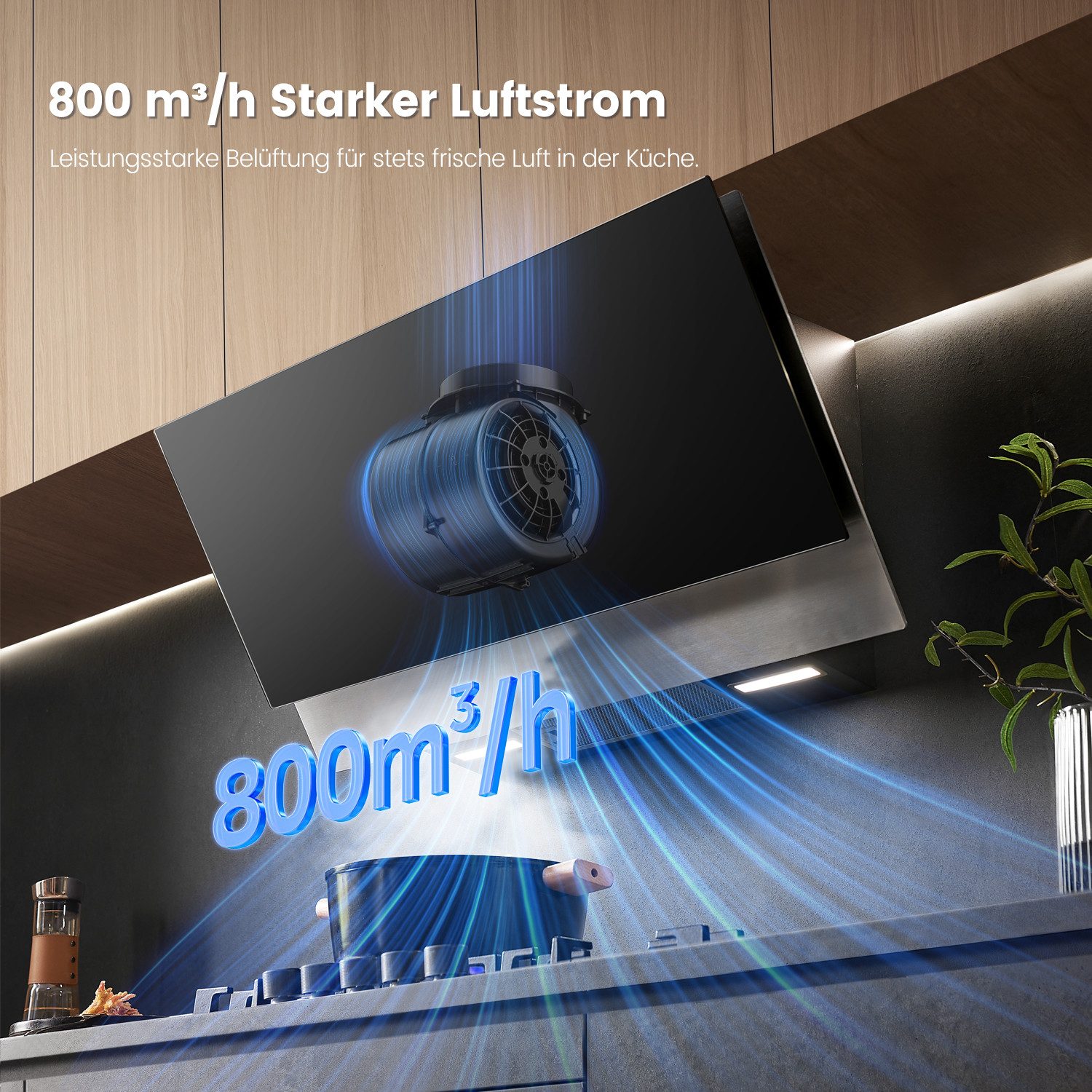 comfee Kopffreihaube ANGJ72B-90PRO-EU ANGJ72B-90PRO-EU, 800 m³/h, sparsam, 68 dB, Touch+Gesten, Schornstein verstellbar