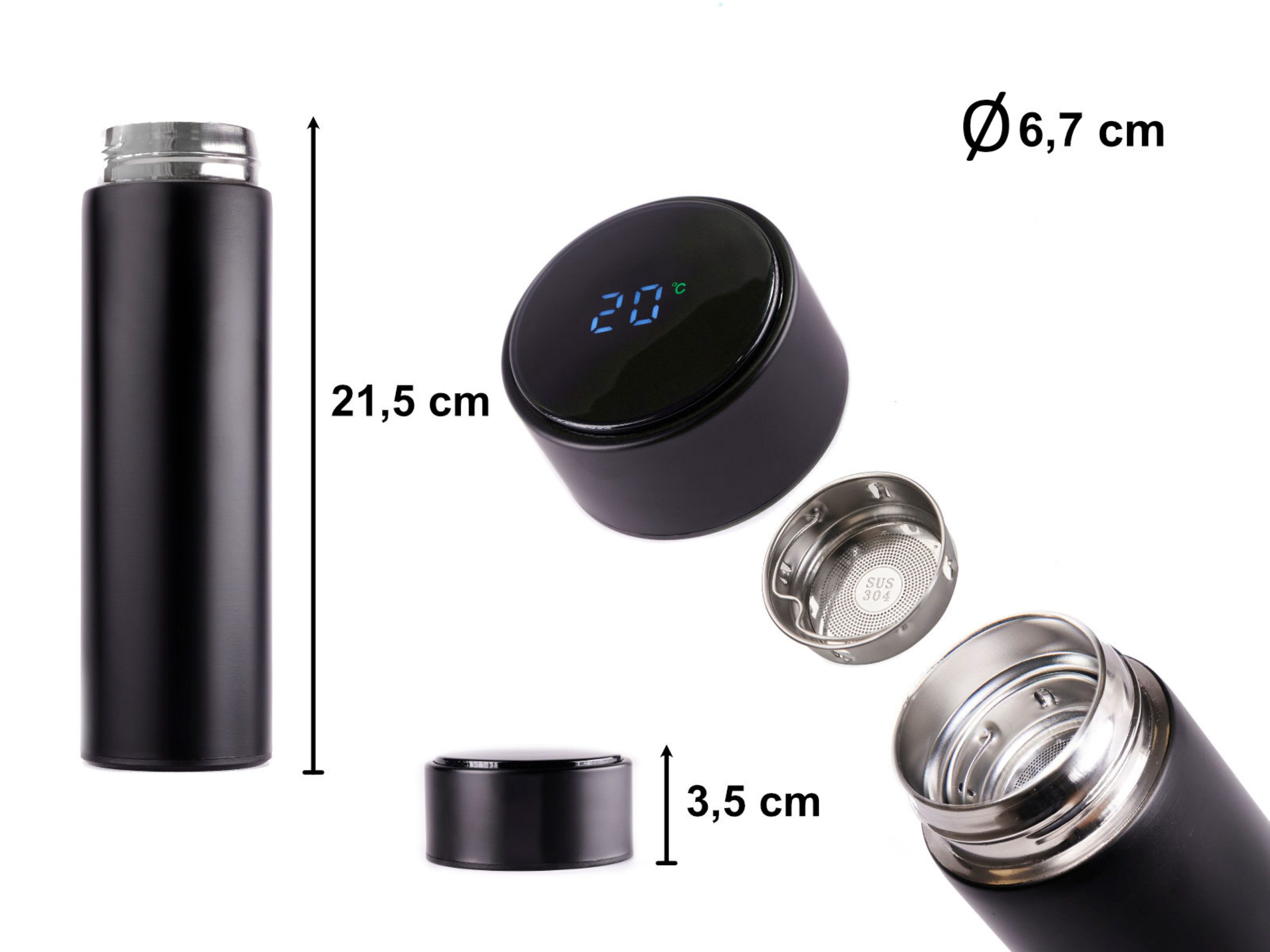 Ikonka Isolierflasche Smart Thermosbecher 500ml mit LED-Temperaturanzeige & Vakuumisolierung, Thermosbecher 500ml mit LED-Display, Vakuumisolierung & Siebeinsatz
