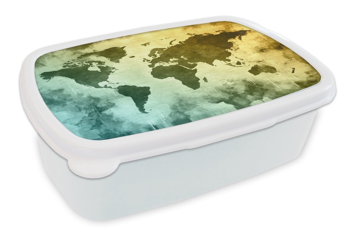 MuchoWow Lunchbox Weltkarte - Grün - Blau, Kunststoff, (2-tlg), Brotbox für Kinder und Erwachsene, Brotdose, für Jungs und Mädchen weiß