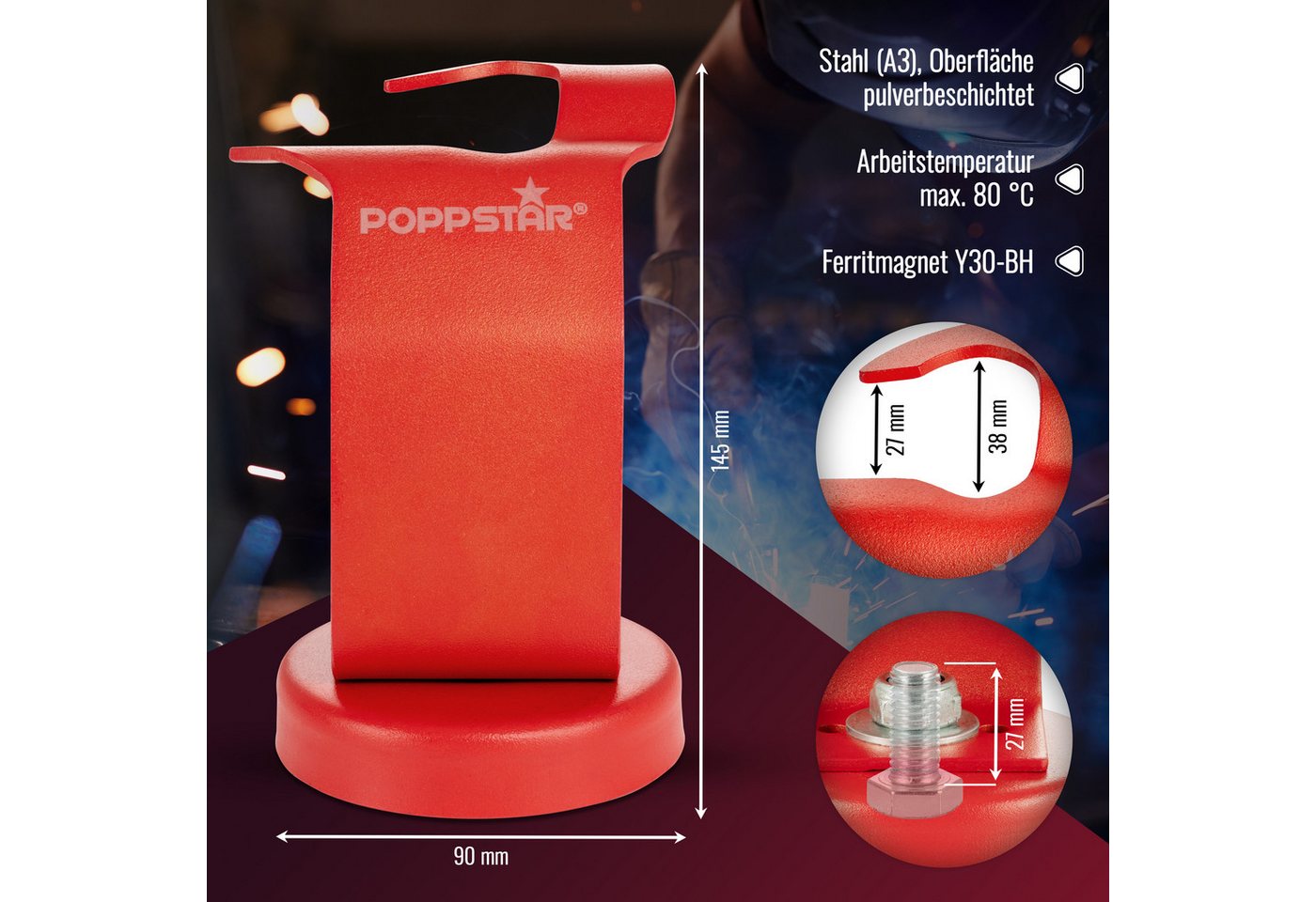 Thumbnail - Poppstar Werkzeughalter Brennerhalter für MIG MAG Schweißgeräte, mit Magnetfuß zur Befestigung am Schweißtisch, z.B. für...