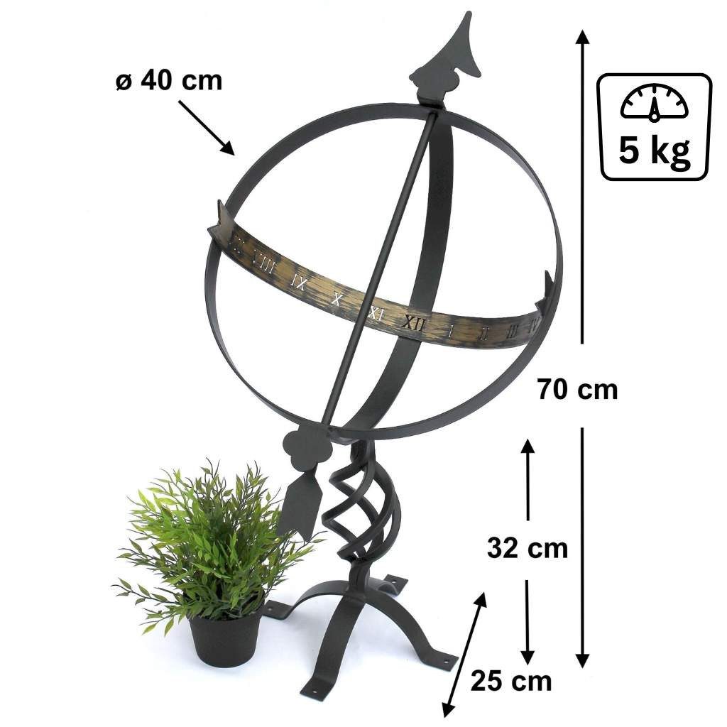 DanDiBo Gartenfigur Sonnenuhr Schwarz aus Metall Schmiedeeisen Wetterfest 70 cm Gartenuhr
