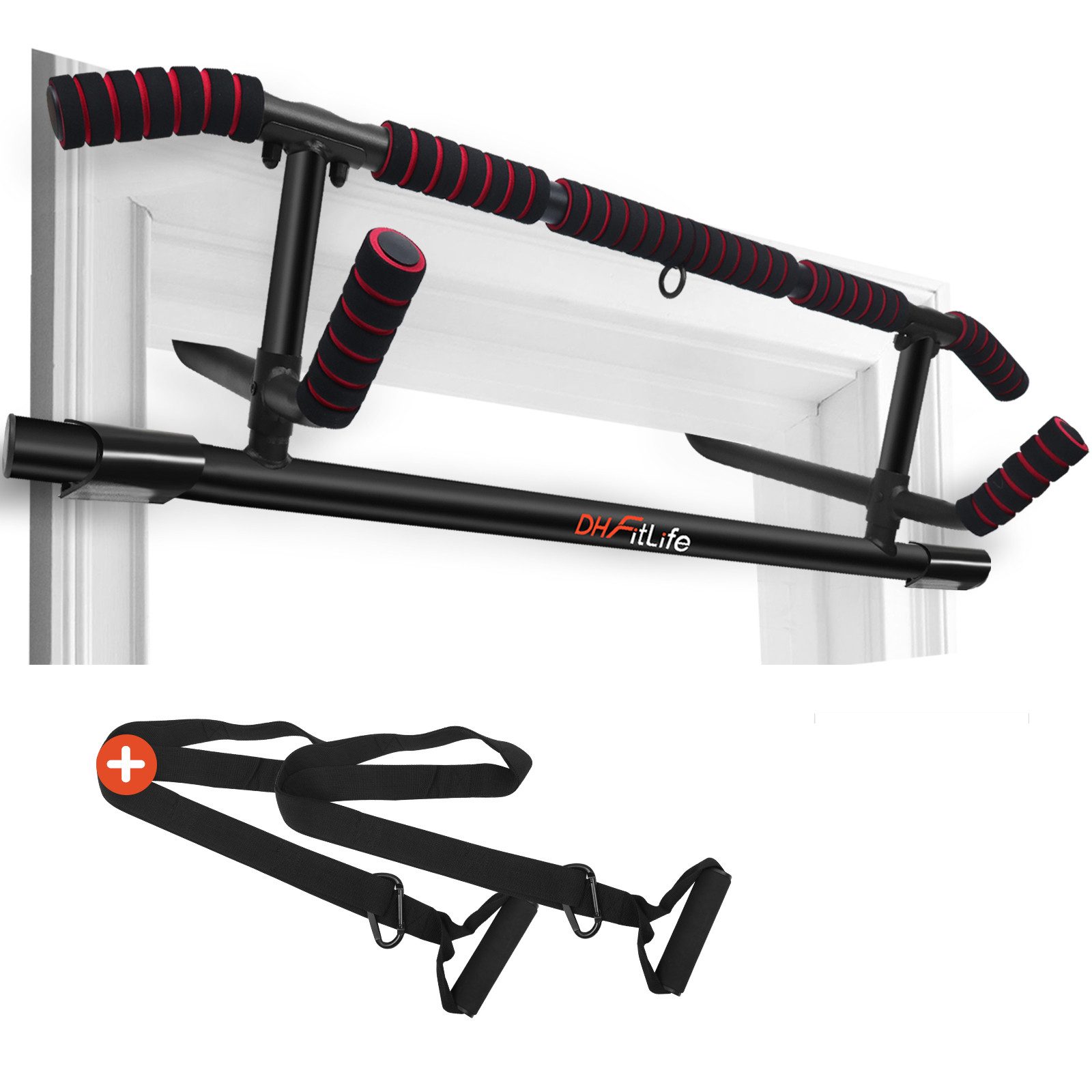 DH FitLife Klimmzugstange Türrahmen mit Hammergriffen (ohne Schrauben, für Türrahmen 70-92 cm), inkl. Schlingentrainer, zum Einhängen