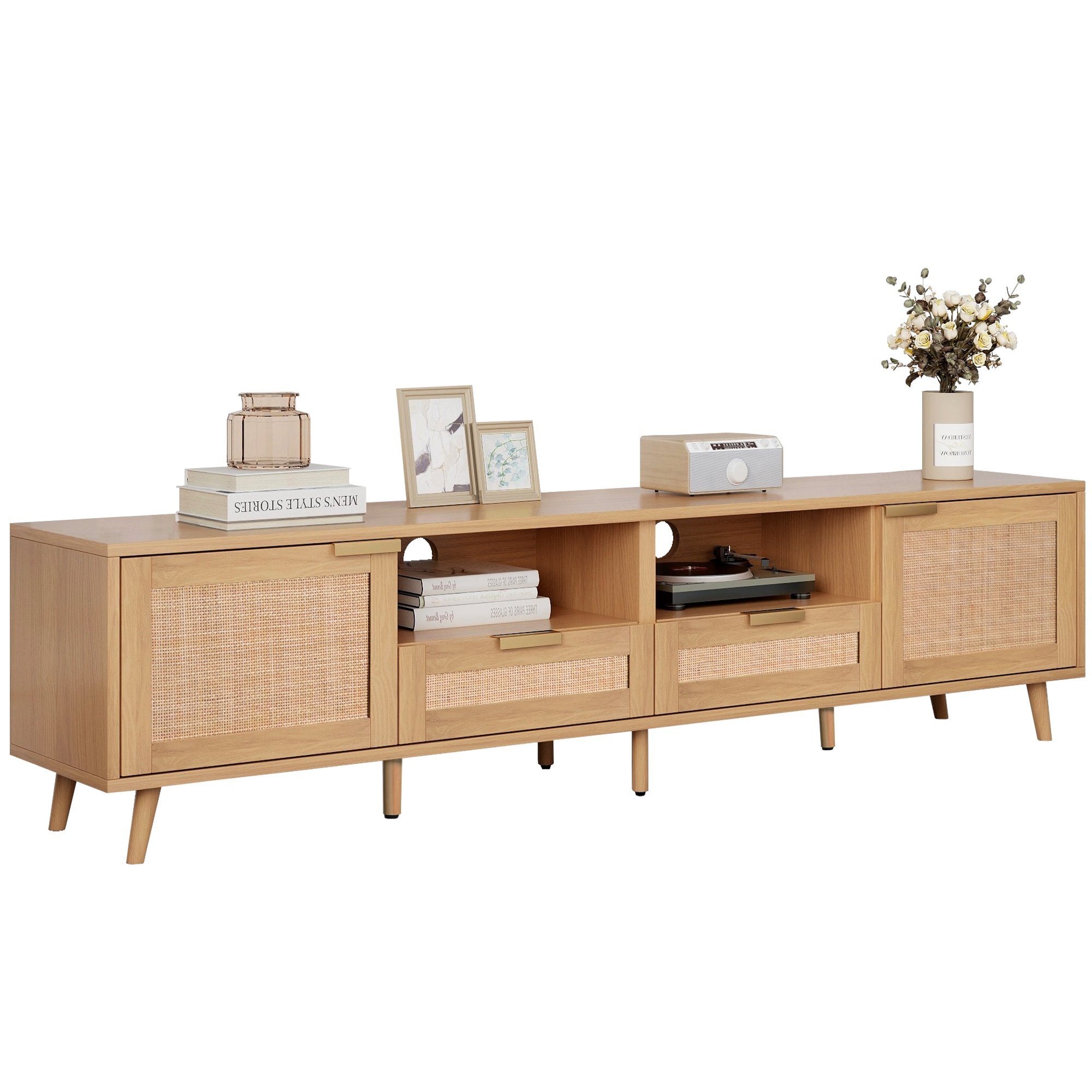 TV-Schrank mit Geflochtener TV-Tisch Holzfüßen, (TV-Konsolentisch,200*37*49cm) Sideboard massiven Rattan-TV-Boards SPLOE HAUSS Natur Beistellschrank