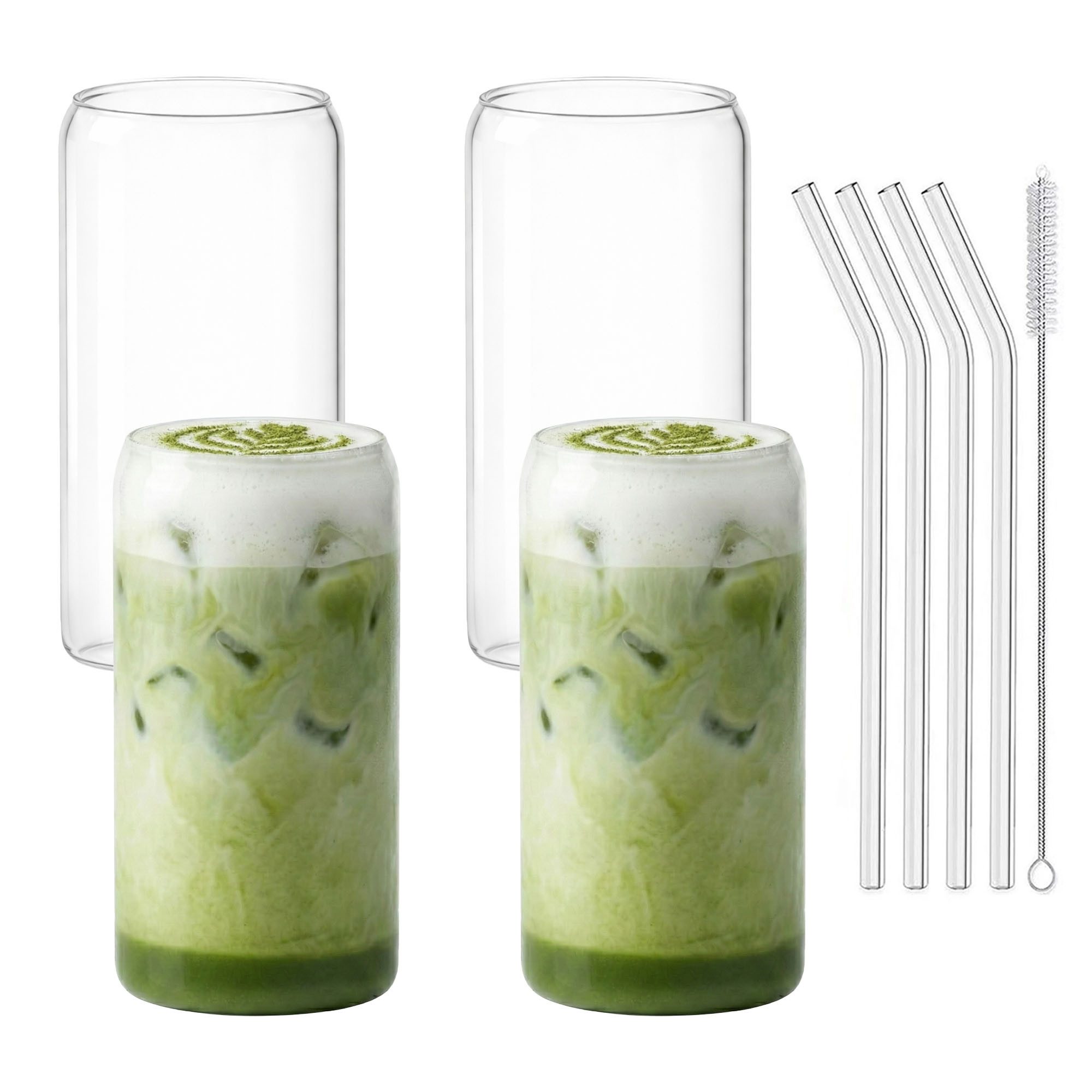 mixed24 Gläser-Set 4er Set Gläser 500ml inkl. Glashalm Dosenform, ideal für Iced Matcha Latte, Latte Macchiato, Cocktails, Smoothies
