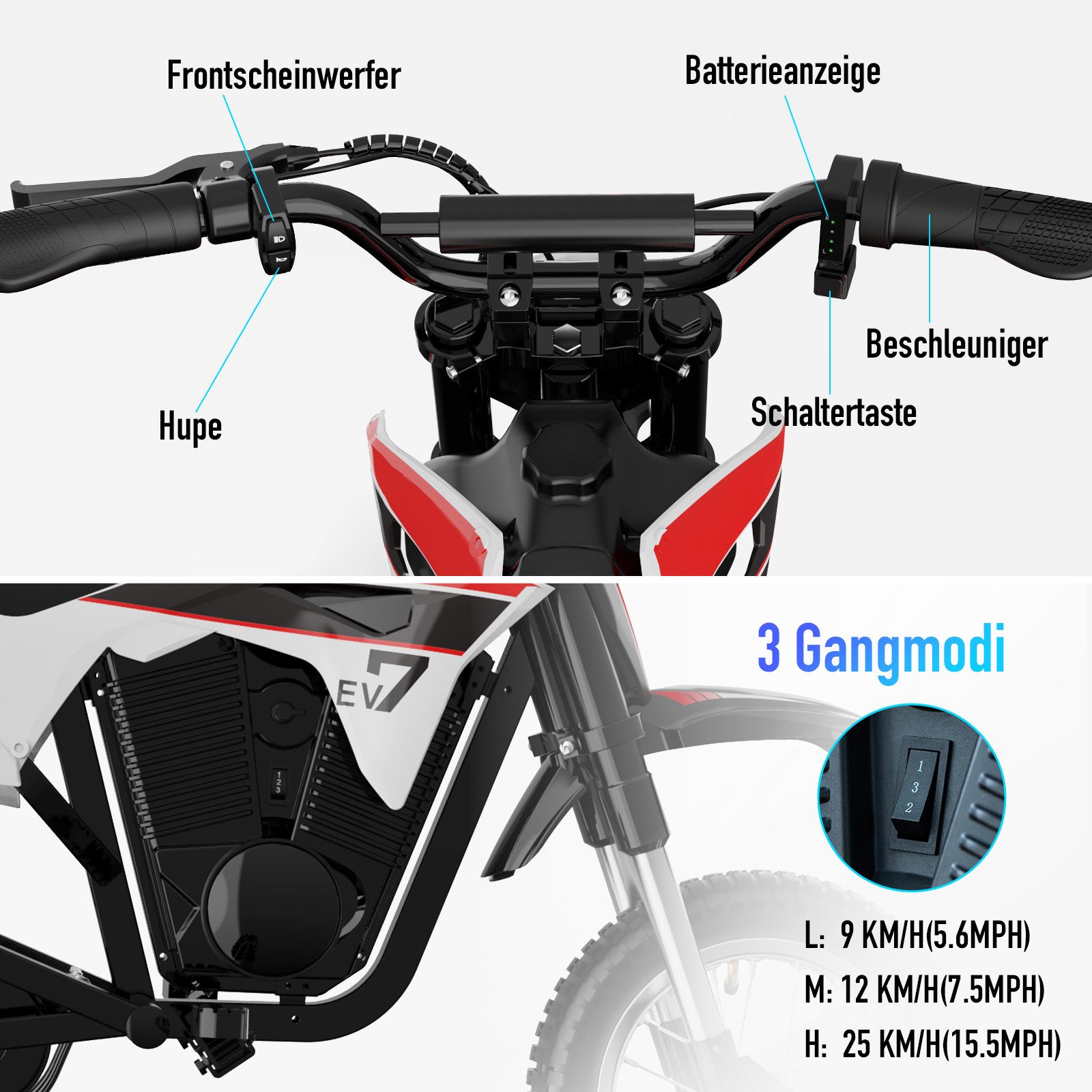 EVERCROSS TECH Elektro-Kindermotorrad EV12M, 8/12/25 KMH, 12 Zoll Luftreifen, 300W, 36V 5,2AH, 6-12 Jahre, Reichweite 15 km, Belastbarkeit 65 kg