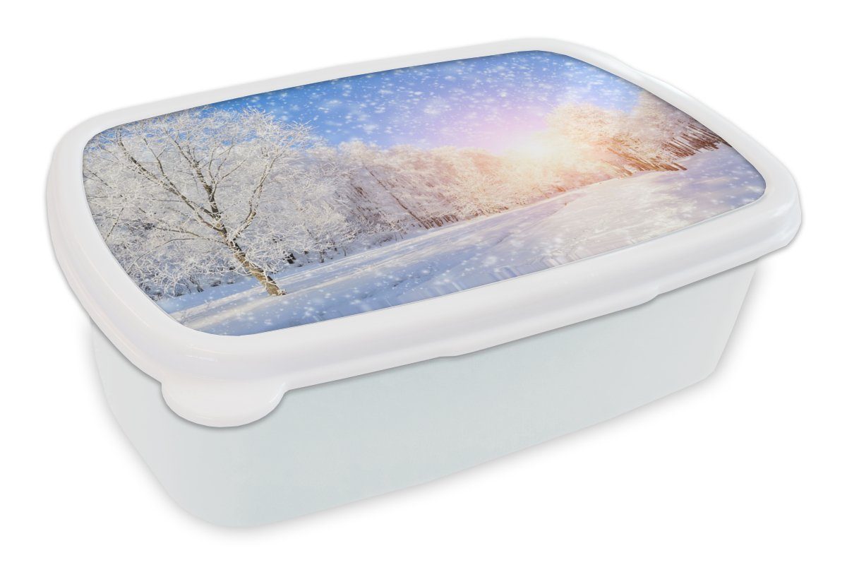 MuchoWow Lunchbox Schnee - Sonne - Winter, Kunststoff, (2-tlg), Brotbox für Kinder und Erwachsene, Brotdose, für Jungs und Mädchen weiß