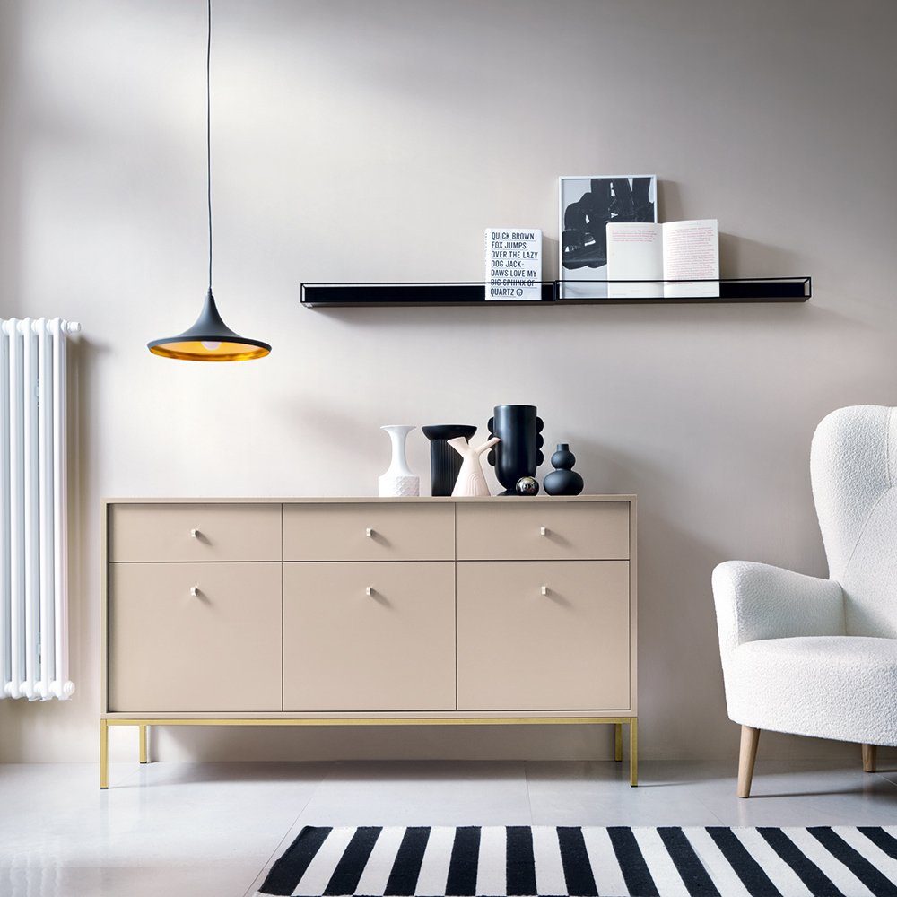 Lomadox Sideboard MALAGA-160, 154cm breit, sandbeige, Fußgestell goldfarben, goldene Griffe