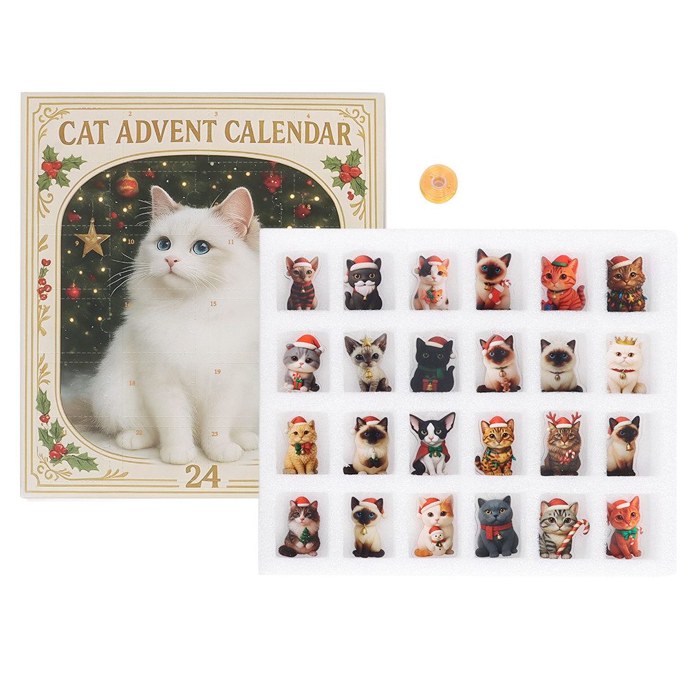 CLTYQ Adventskalender Katze Adventskalender 2025,24-tägiger Acryl-Anhänger Adventskalender, Weihnachtsbaumdekorationen, Feiertags-Countdown für Katzenliebhaber