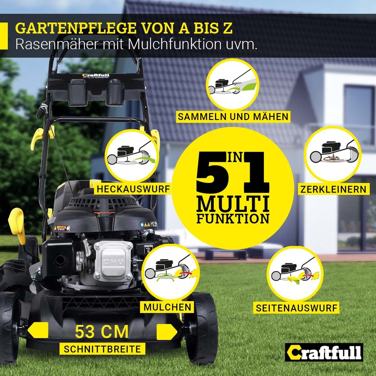 Craftfull Benzinrasenmäher 5in1 CR-196-10E Rasenmäher mit Benzin und Elektrostarter, 53 cm Schnittbreite, (Benzin Rasenmäher, Rasenmäher mit Fangkorb, Rasenmäher mit Selbstantrieb, Schnitthöhe in 8 Stufen verstellbar - Euro-5-Norm - Rasenkamm), 4,4kW - GT-Leichtlaufgetriebe - Easy Clean Funktion - 62l Fangsack
