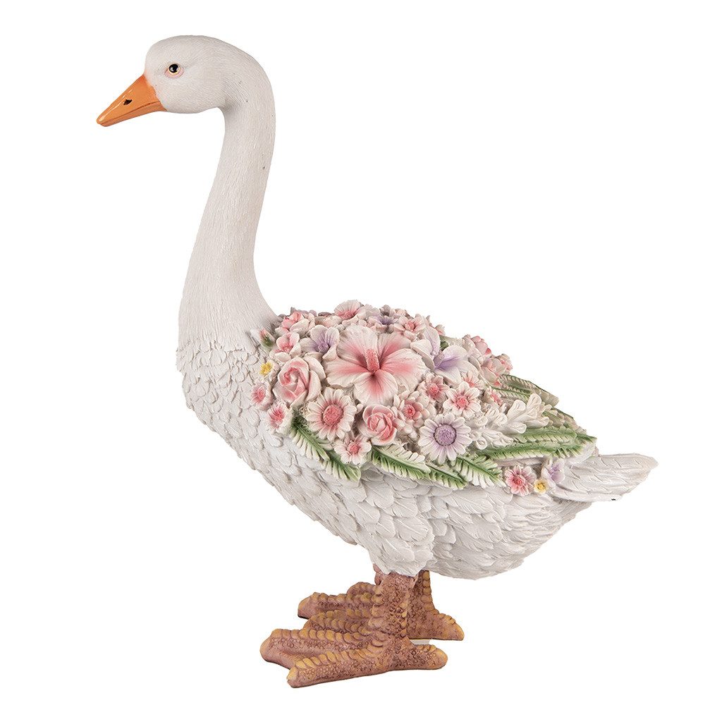 Clayre & Eef Tierfigur Große Dekofigur Gans mit Blumen – 45 cm, Weiß & Rosa, Polyresin