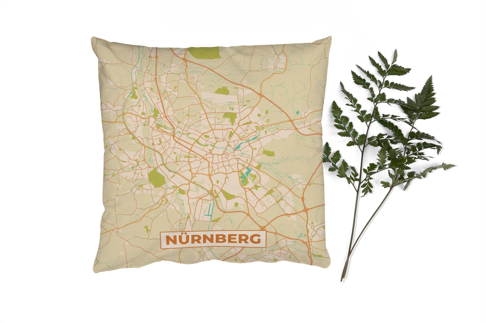 - mit Schlafzimmer, - Karte MuchoWow Füllung Karte, Dekokissen Wohzimmer, für Sofakissen Zierkissen - Nürnberg Deko, Vintage