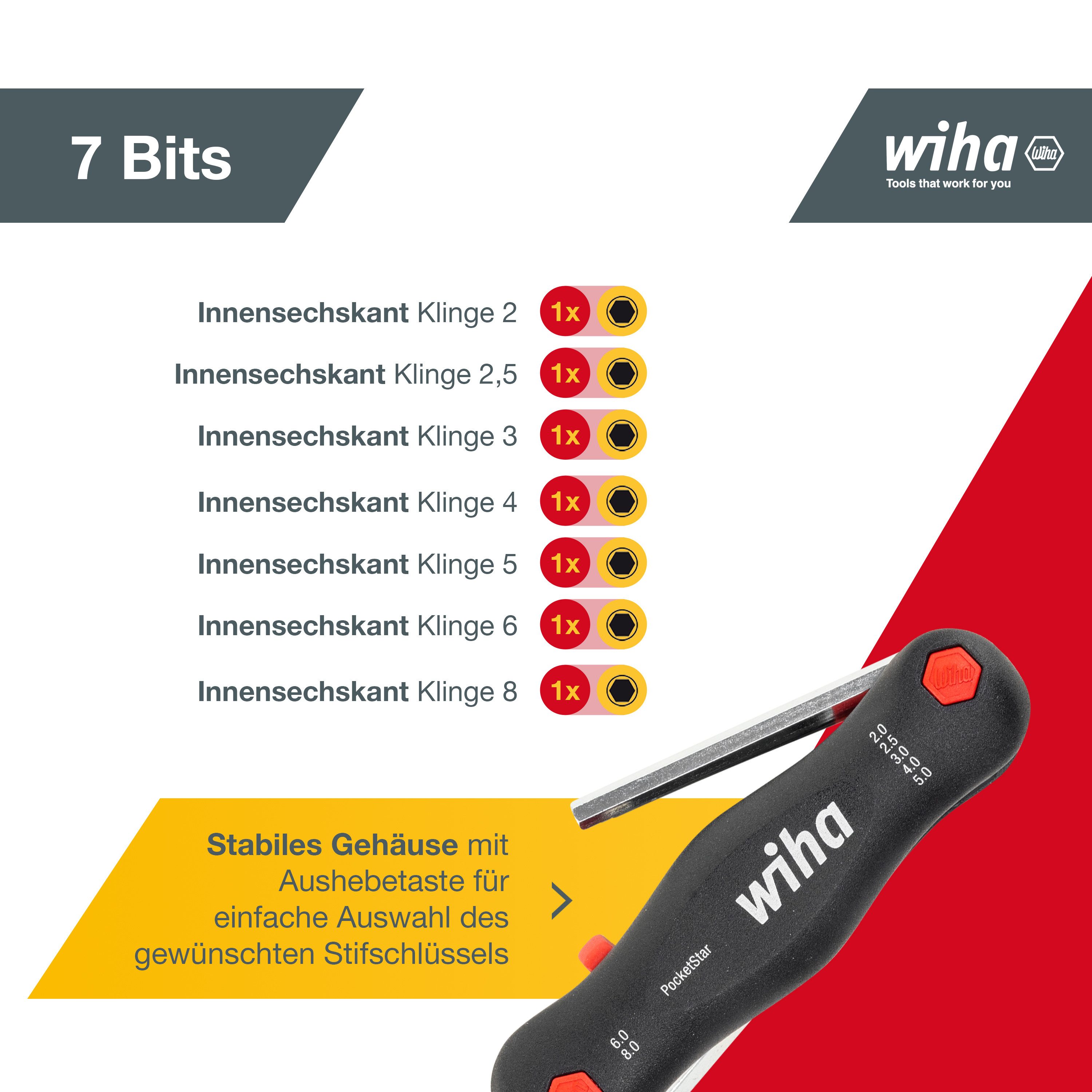 Wiha Multitool PocketStar® (23040) - 7 tlg., Innen-Sechskant, schneller Zugriff, Längs- und Quergriff