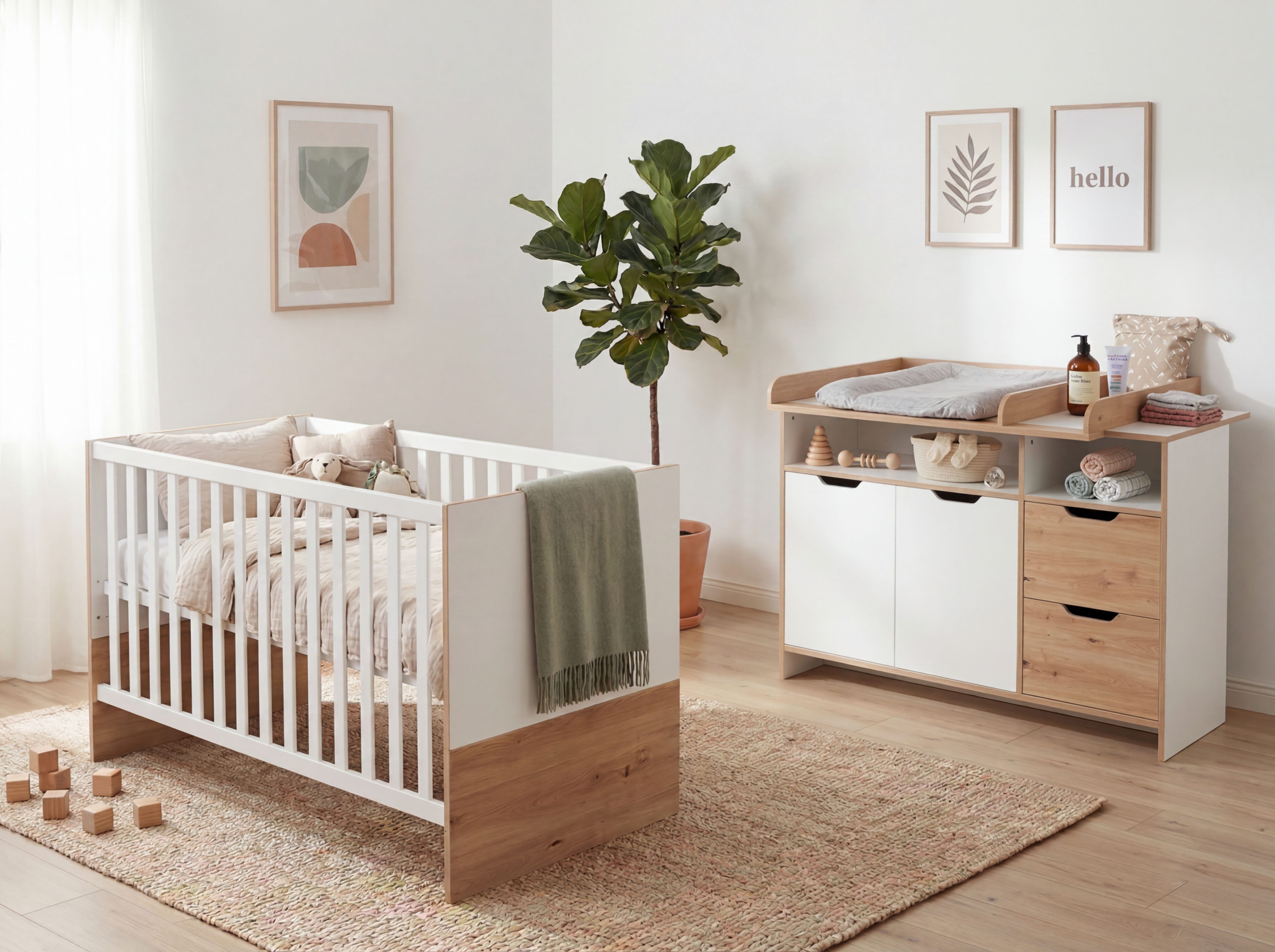 arthur berndt Babyzimmer-Komplettset Maxim, (Spar-Set, 2-tlg., Wickelkommode und Kinderbett), Bett+Wickelkommode, Soft-Close und höhenverstellbar, mitwachsend