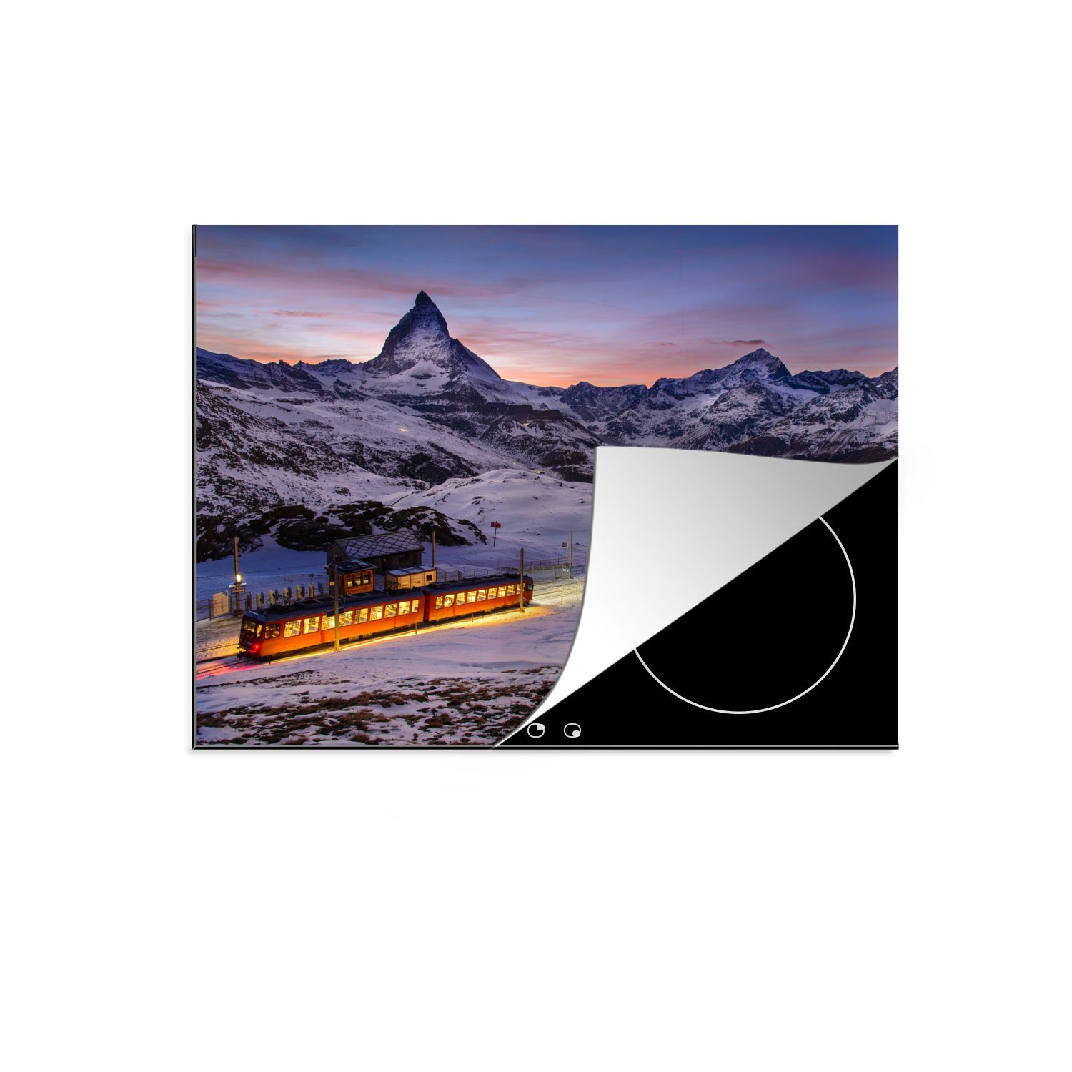 MuchoWow Herdblende-/Abdeckplatte Zug durch die verschneite Landschaft in der Schweiz bei Sonnenaufgang, Vinyl, (1 tlg), 70x52 cm, Mobile Arbeitsfläche nutzbar, Ceranfeldabdeckung | Herdabdeckplatten