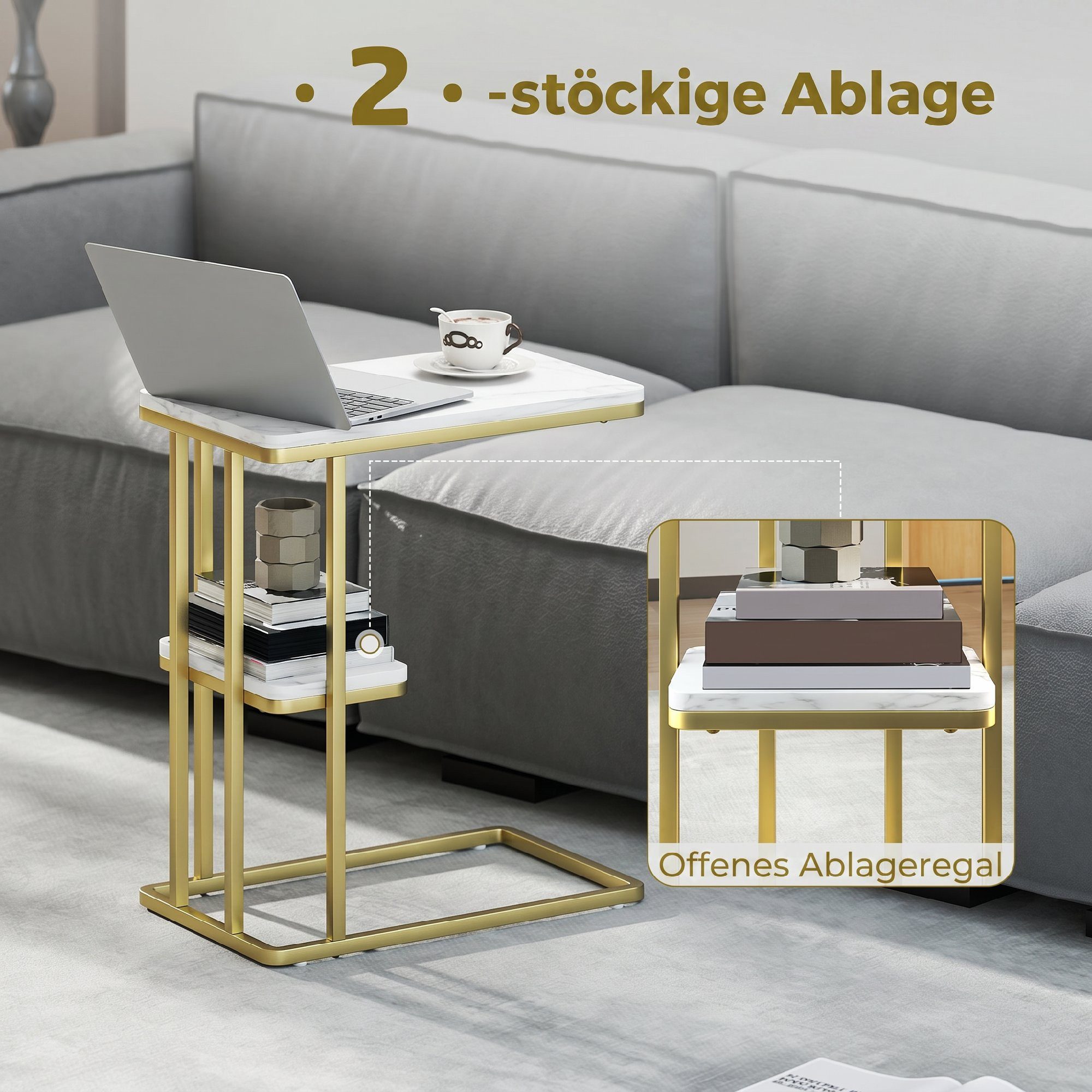 HOMCOM Beistelltisch schmaler Couchtisch mit Stauraum (Set, 1-St., 1 Tisch), C-Form, 2 Ebenen, Marmoroptik – Bild 5 von 5