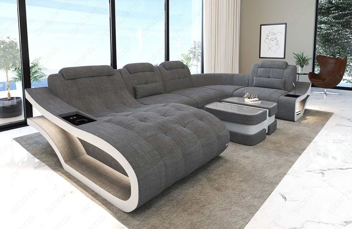 Sofa Dreams Sofa Polster Sofa Wohnlandschaft Couch Elegante H - U Form Stoffsofa, wahlweise mit Bettfunktion Grau-Weiß