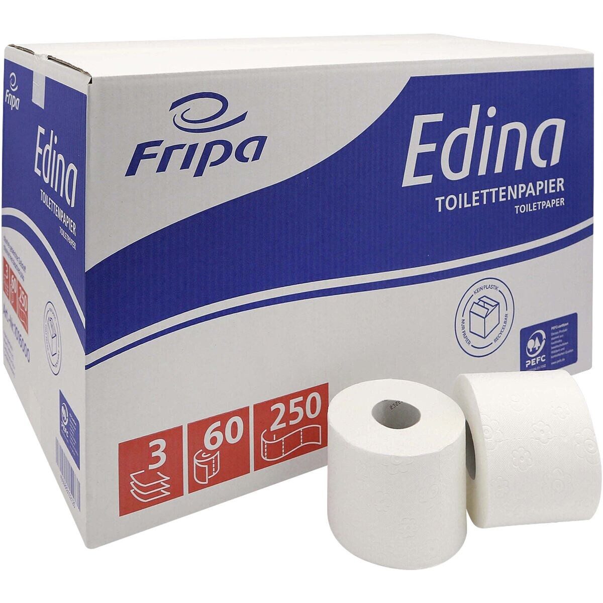 Fripa Toilettenpapier Edina (60-St), 3-lagig, 60 Rollen, 250 Blatt/Rolle, mit Prägung