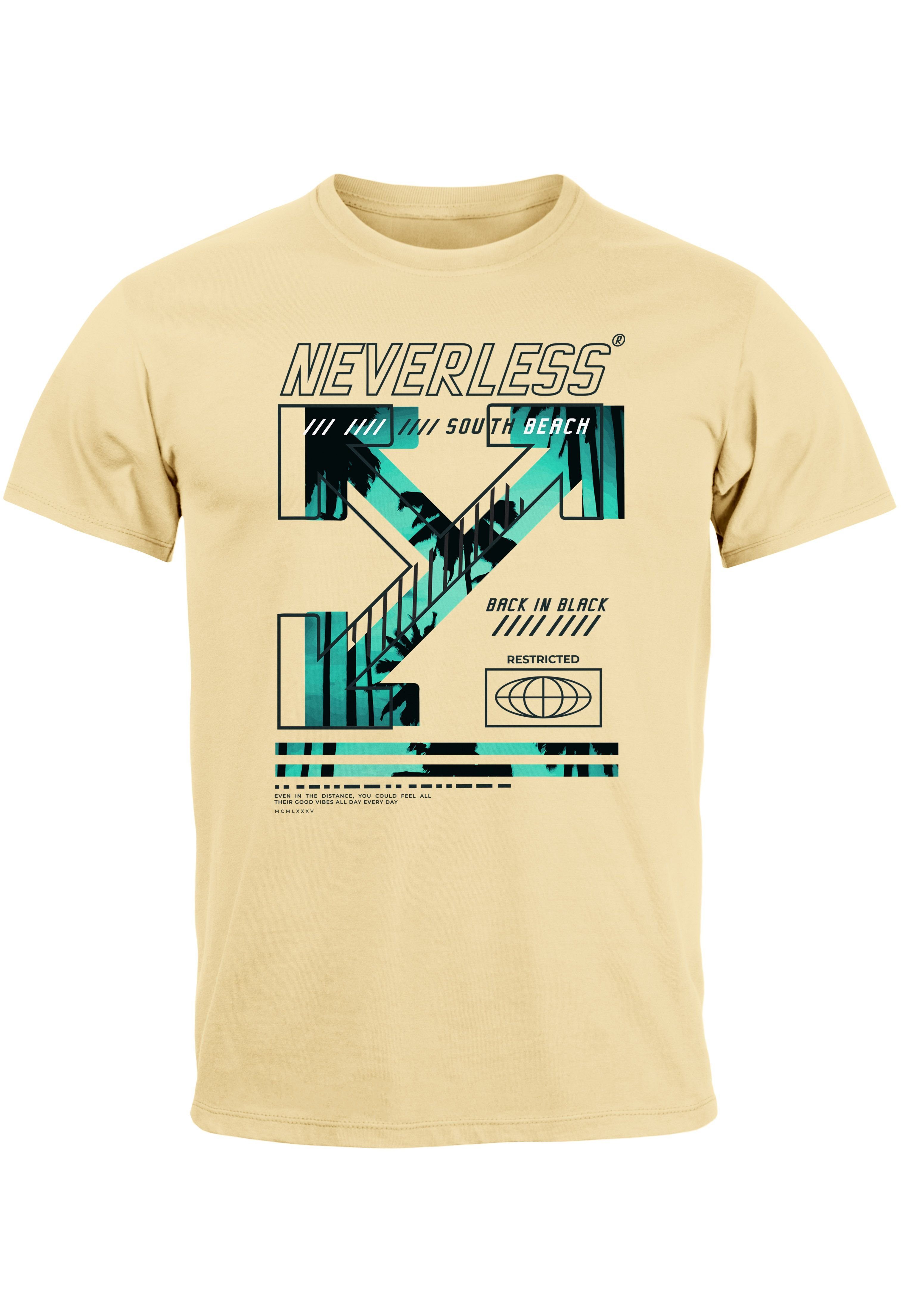 Neverless Print-Shirt Herren T-Shirt Text Print Aufdruck South Beach Techwear Fashion Street mit Print natur