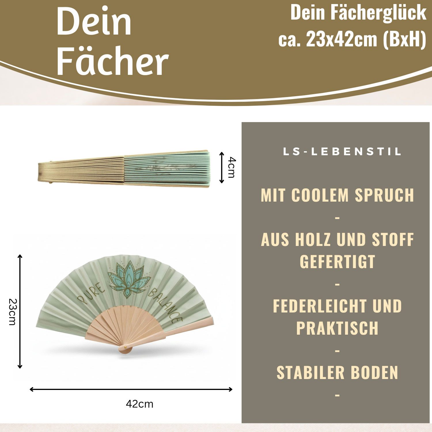 LS-LebenStil Handfächer Holz Stoff Fächer "PURE BALANCE" Bali Grün Grau faltbar Faltfächer, (hochwertig aus Holz mit Stoff und coolem lustigem Spruch, 1-tlg., Styliche Abkühlung), für Geburtstag, Hochzeit, Party oder als Wand Dekoration