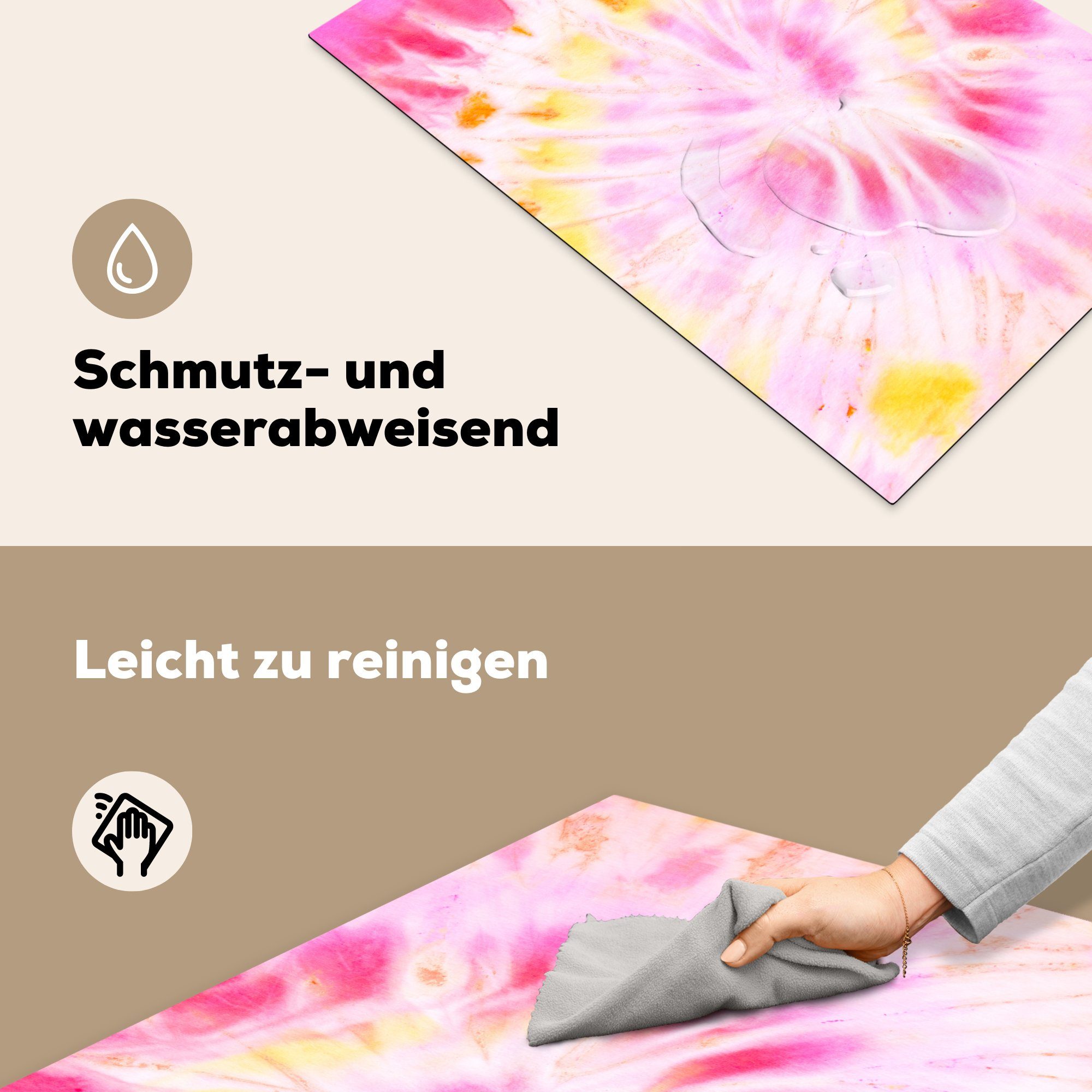 MuchoWow Herdblende-/Abdeckplatte Gelb, tlg), - Schutz Krawattenfärbung - die Rosa Sommer (1 küche, 81x52 für - Vinyl, Ceranfeldabdeckung cm, Induktionskochfeld