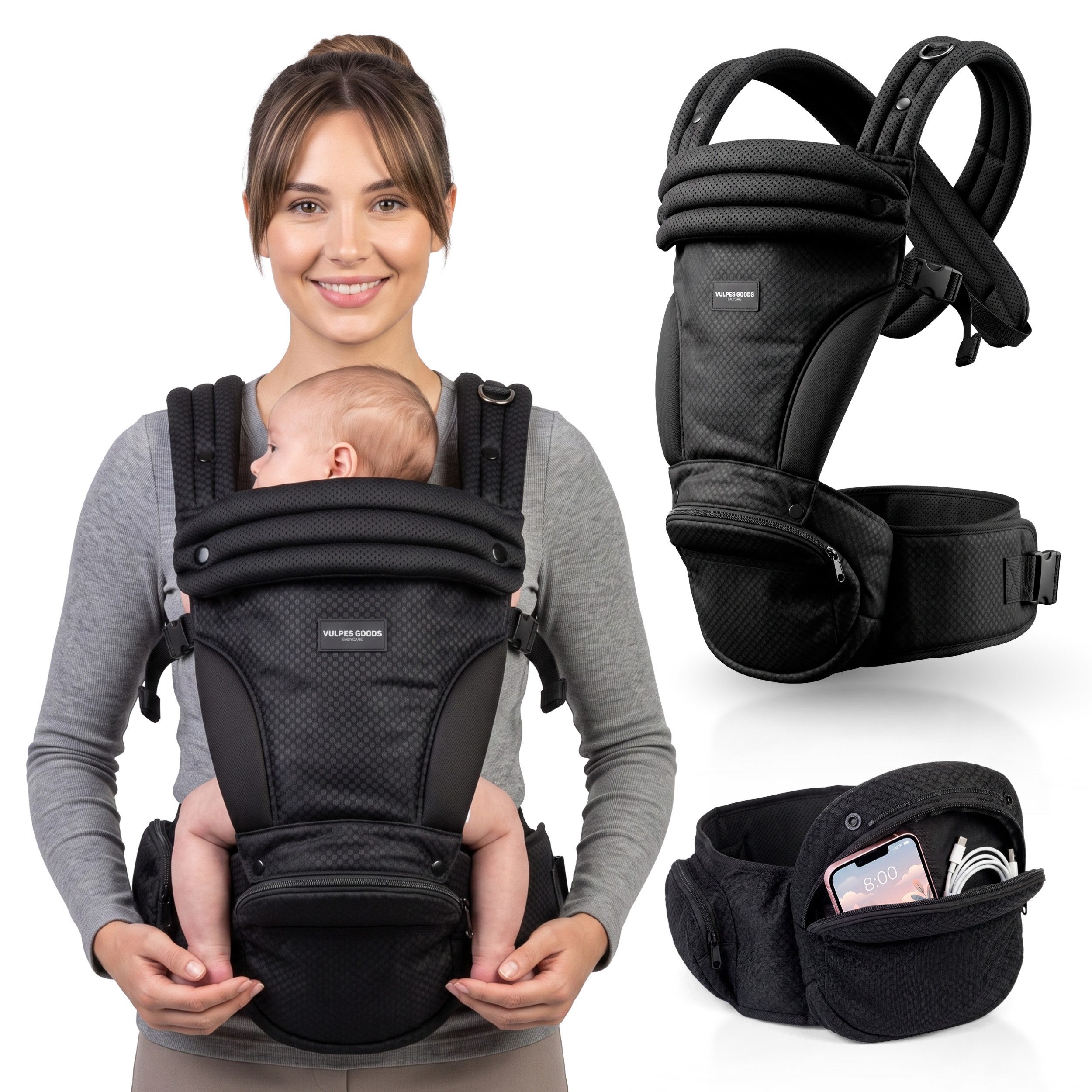 Vulpes Goods Babytrage ab Geburt 2-in-1 mit Hüftsitz, 6 Tragepositionen (1-tlg), Baby Carrier mit Mesh, Kopfstütze und verstellbaren Gurten