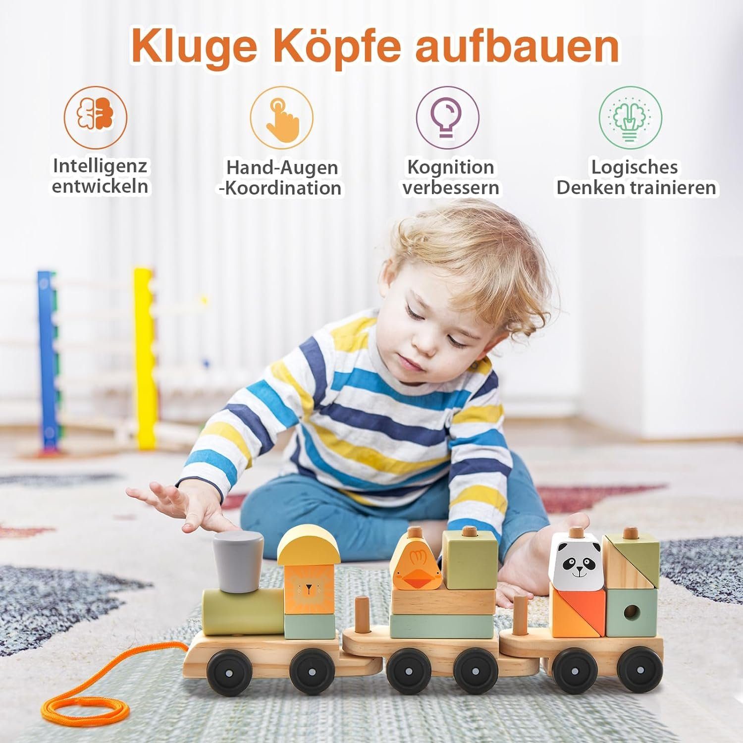 KOMFOTTEU Spielzeugeisenbahn-Set, mit Lokomotive, Tieren & stapelbaren Holzklötzen