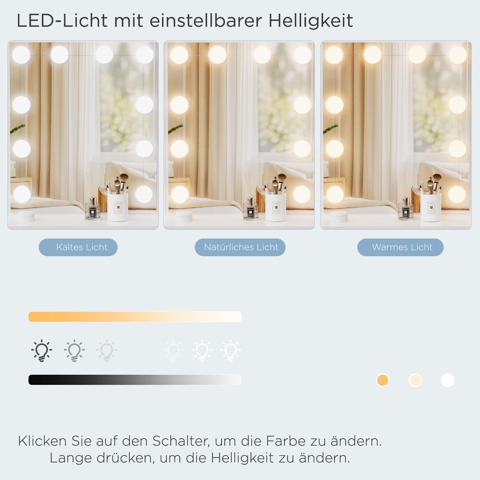 oyajia Schminktisch Frisierkommode mit Hocker, Frisiertisch Spiegel mit LED Beleuchtung (Make-up Tisch mit 4 Schubladen und 4 offene Ablagen), Frisiertisch Kosm – Bild 4 von 5