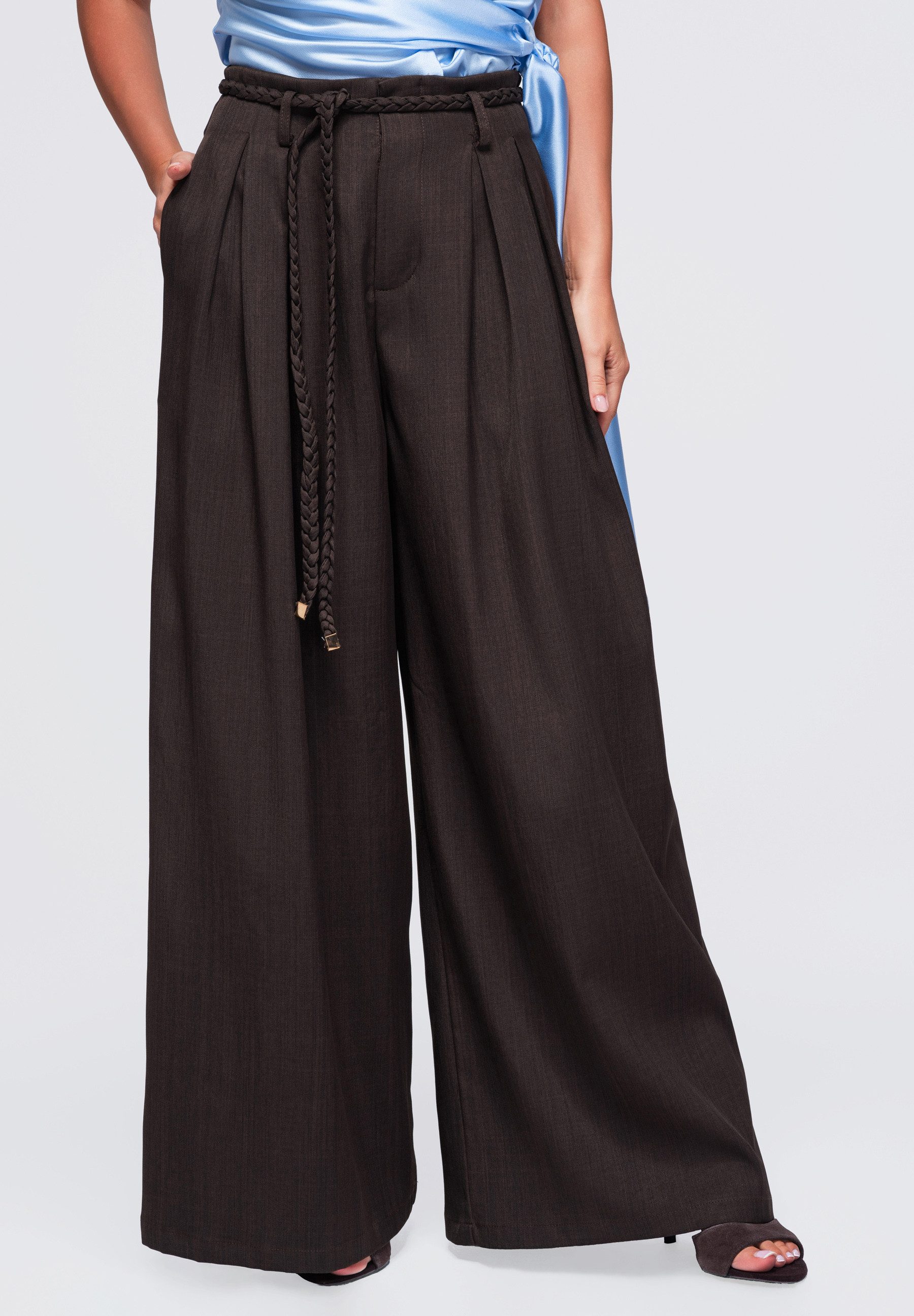 OMBRE Palazzohose Damen Palazzohose mit weitem Bein und hohem Bund Dunkelbraun M (kein Set, 1-tlg) in Unifarbe