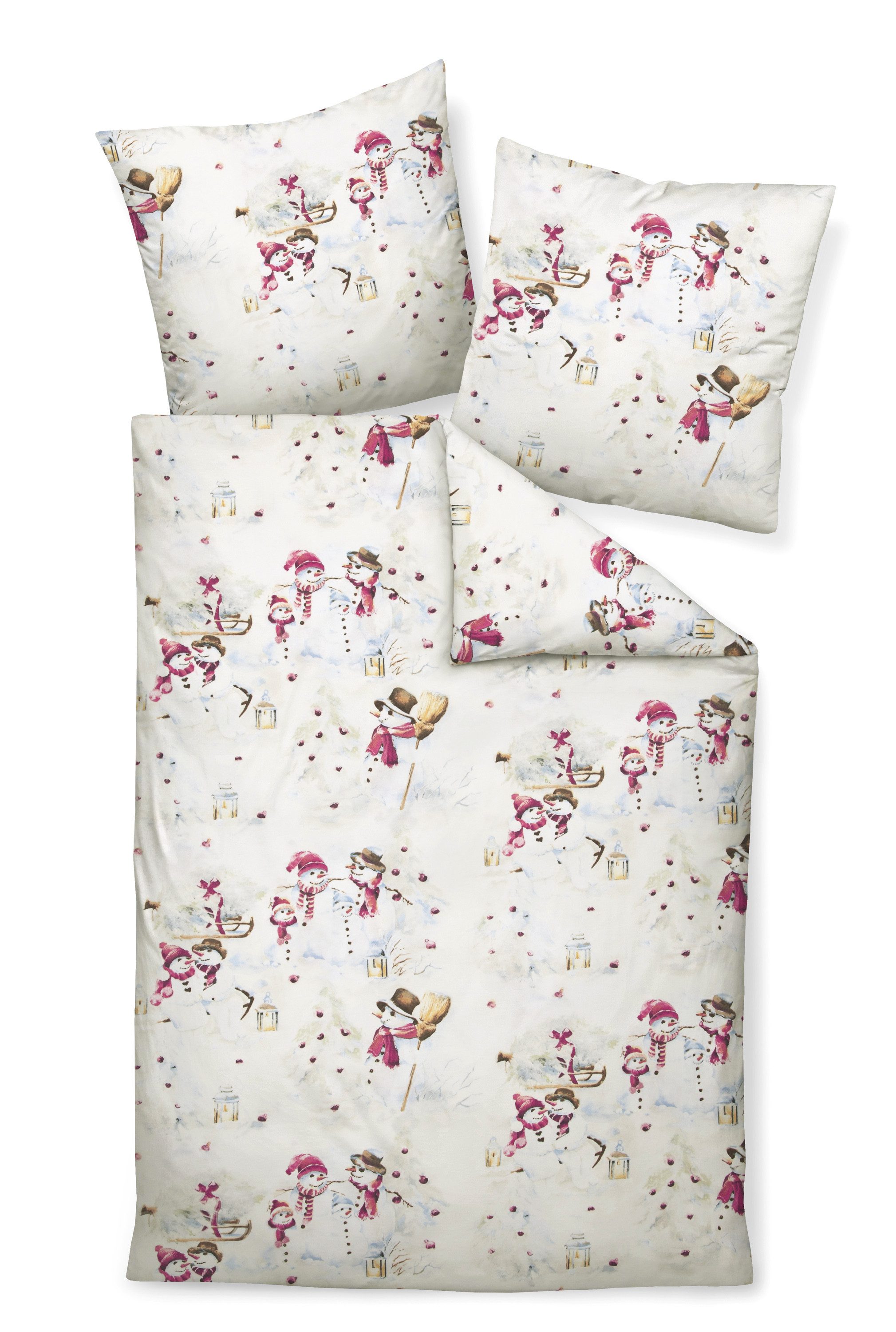 Traumschloss Bettwäsche Premium Baumwolle, Flanell, 2 teilig, Schneemänner, Winter, Schlitten