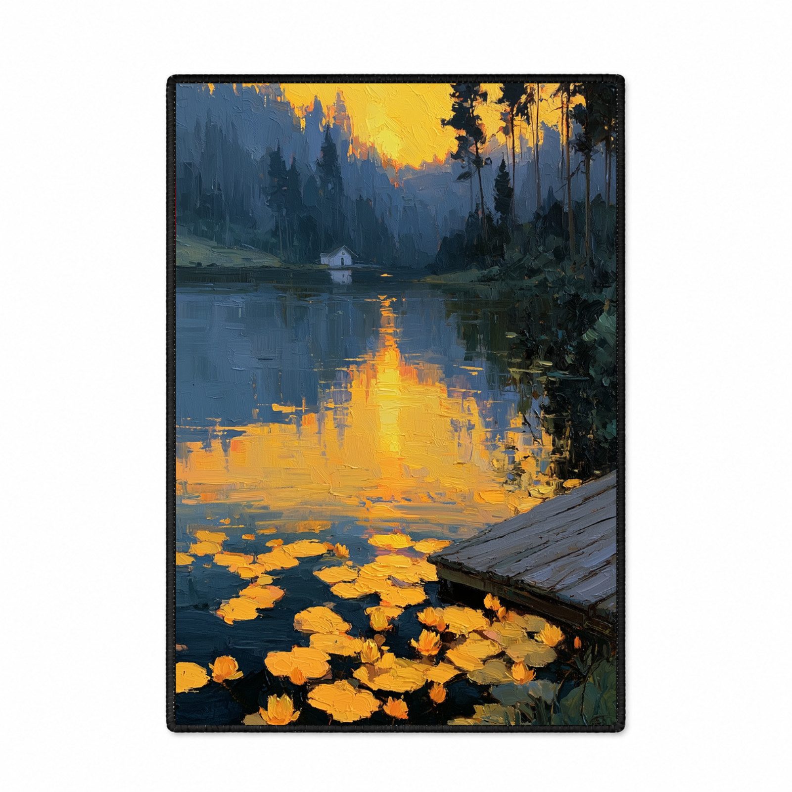 Jumpeak Teppich Seenlandschaft Sonnenuntergang Teppich Ölgemälde Motiv, Seerosen Wald, Rechteckig, Höhe: 5 mm, Kunstteppich, rutschfest Weicher Wohnzimmer Teppich