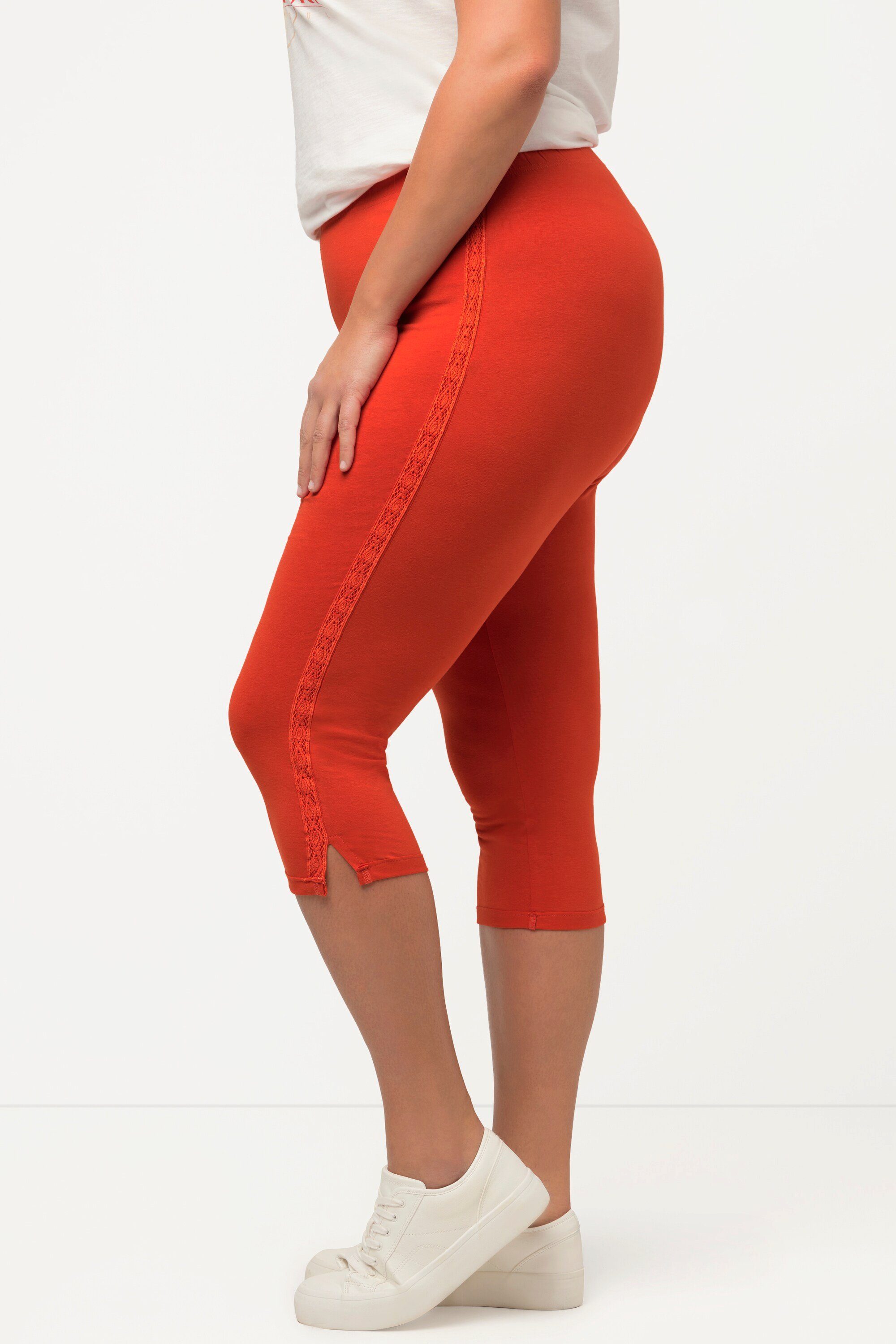 seitliches Capri-Leggings Popken dunkelorange Lederimitathose Spitzenband Ulla Biobaumwolle