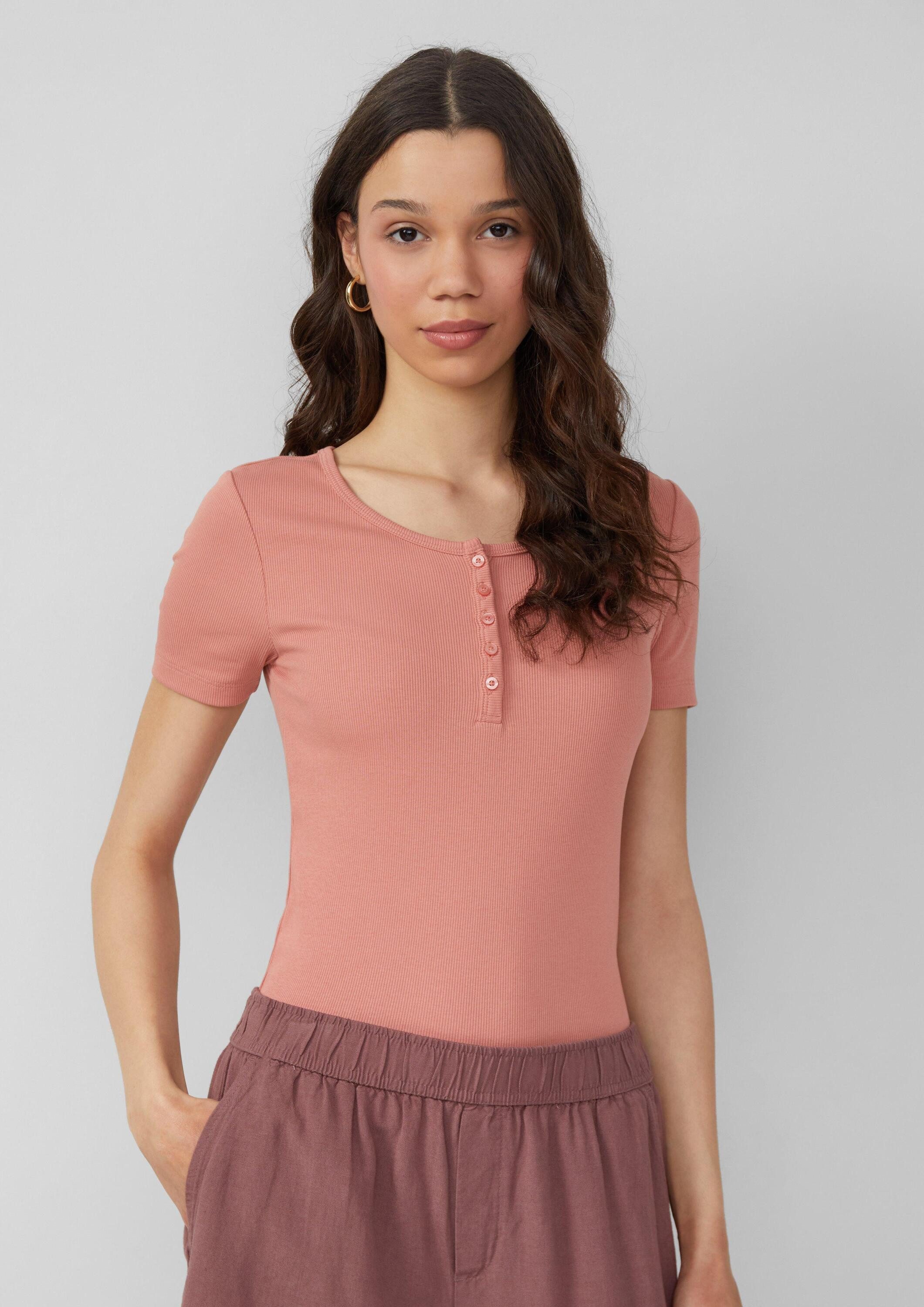 QS Kurzarmshirt T-Shirt Geripptes T-Shirt mit Knopfleiste günstig online kaufen