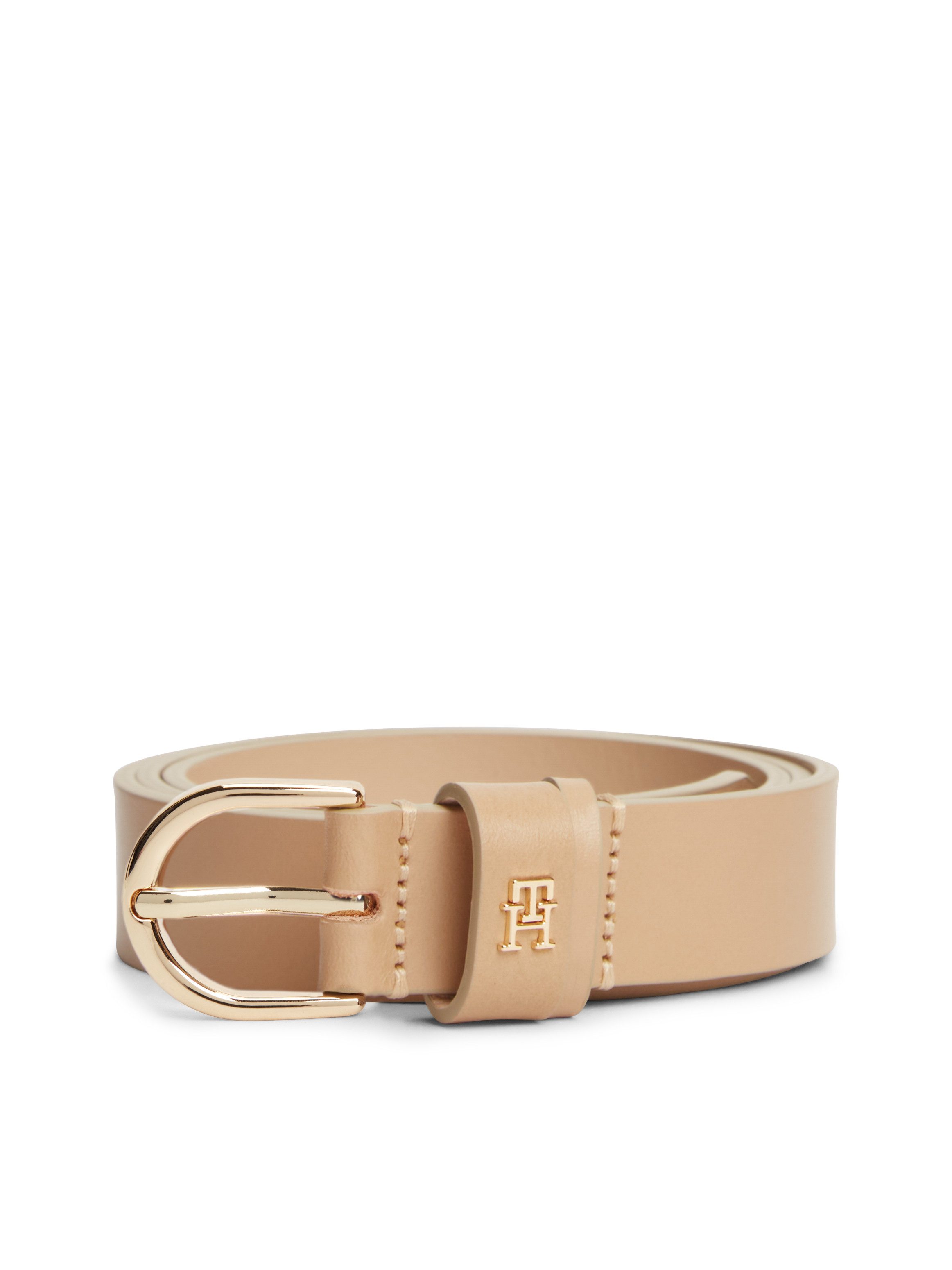 Tommy Hilfiger Ledergürtel ESSENTIAL EFFORTLESS 2.5 cm breit GOLD Logoemblem, weiche Haptik, ovale Einfachdornschließe