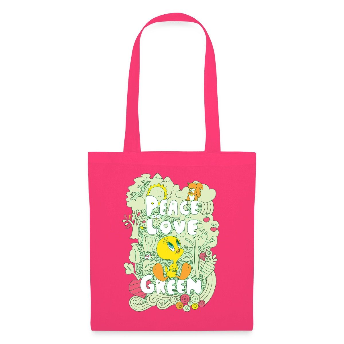 Spreadshirt Henkeltasche Looney Tunes Tweety Peace Love Green Design Stoffbeutel (1-tlg)