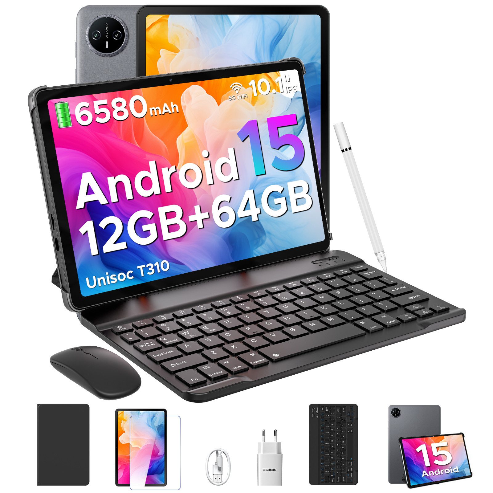 DOOGEE TAB A9 Android 15, 12GB RAM+64GB ROM(TF 2TB), 10 Zoll Tablet (10.1", 64 GB, Android 15, Wifi, Tablet mit Tastatur/Stift/Maus/Hülle, 5G WiFi, Face ID)