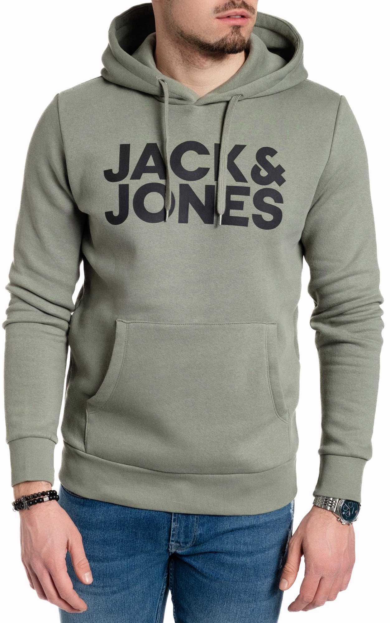 Jones Kängurutasche Kapuzensweatshirt Seaspray-Black mit Jack &
