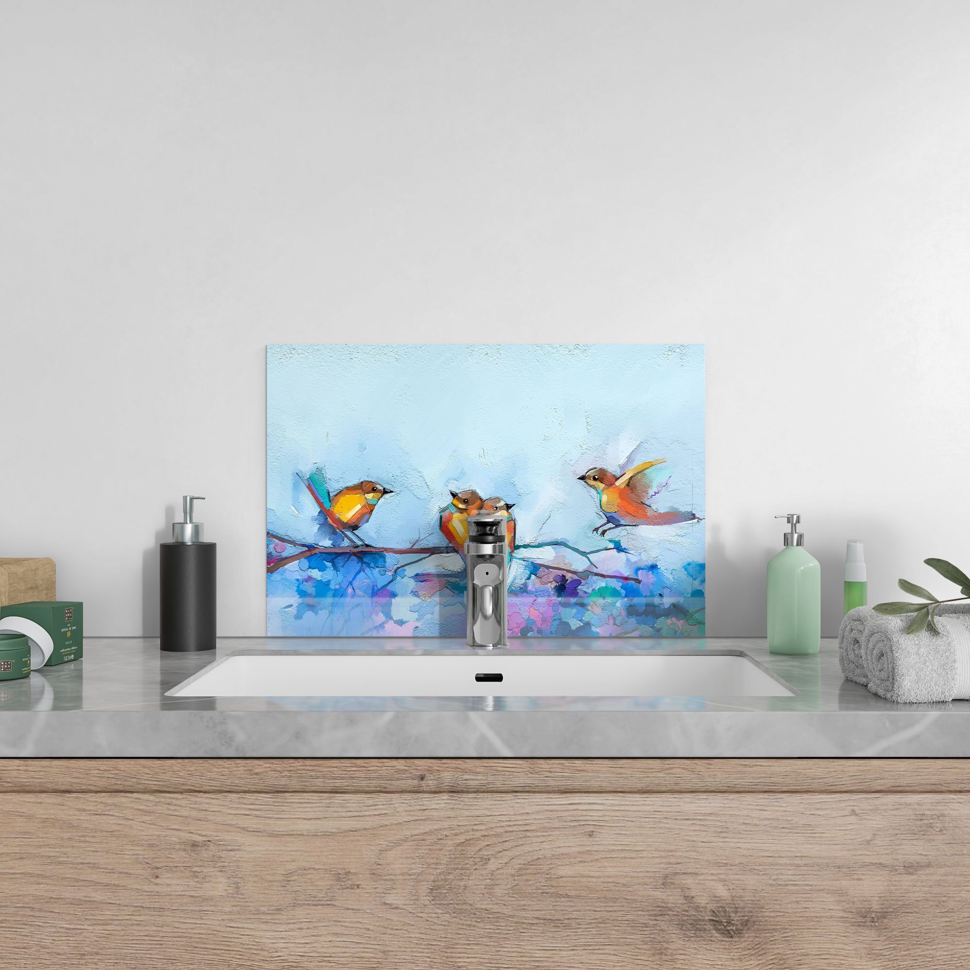 Glas Vögel Ast', auf Küchenrückwand 'Vier DEQORI Herdblende Spritzschutz Badrückwand