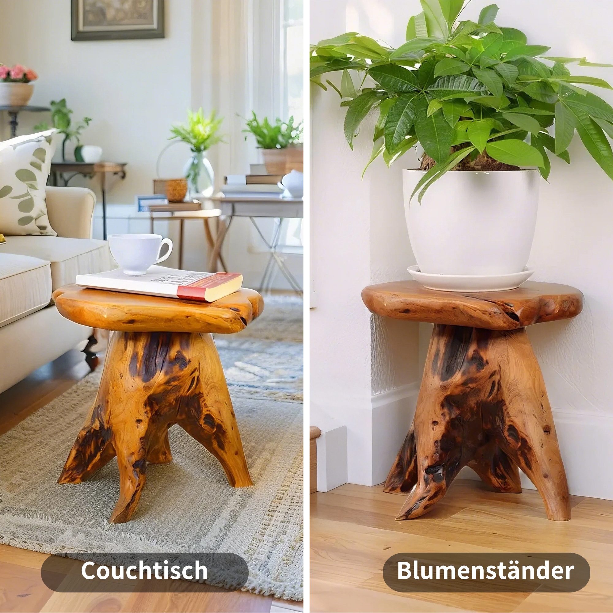 MODFU Couchtisch als Blumenständer und Fußhocker (natürlicher Holztisch für moderne Wohnräume), Kaffeetisch Sofatisch Beistelltisch