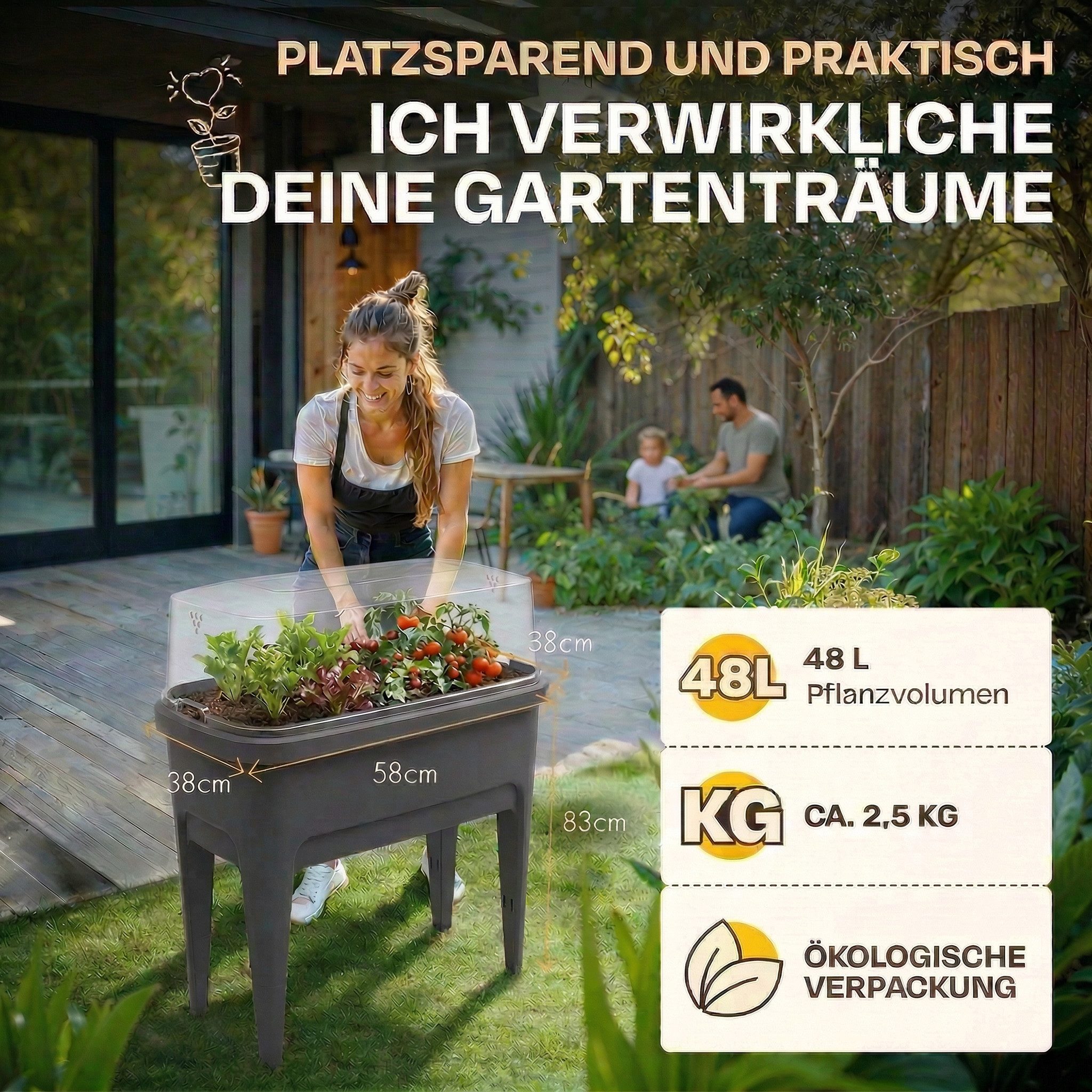 ONDIS24 Hochbeet Frühbeet Kräuterbeet Pflanzbeet Pflanzkasten mit Gewächshaus, 38T x 58B x 83H cm, mit Belüftungsschlitzen und abnehmbaren Füßen