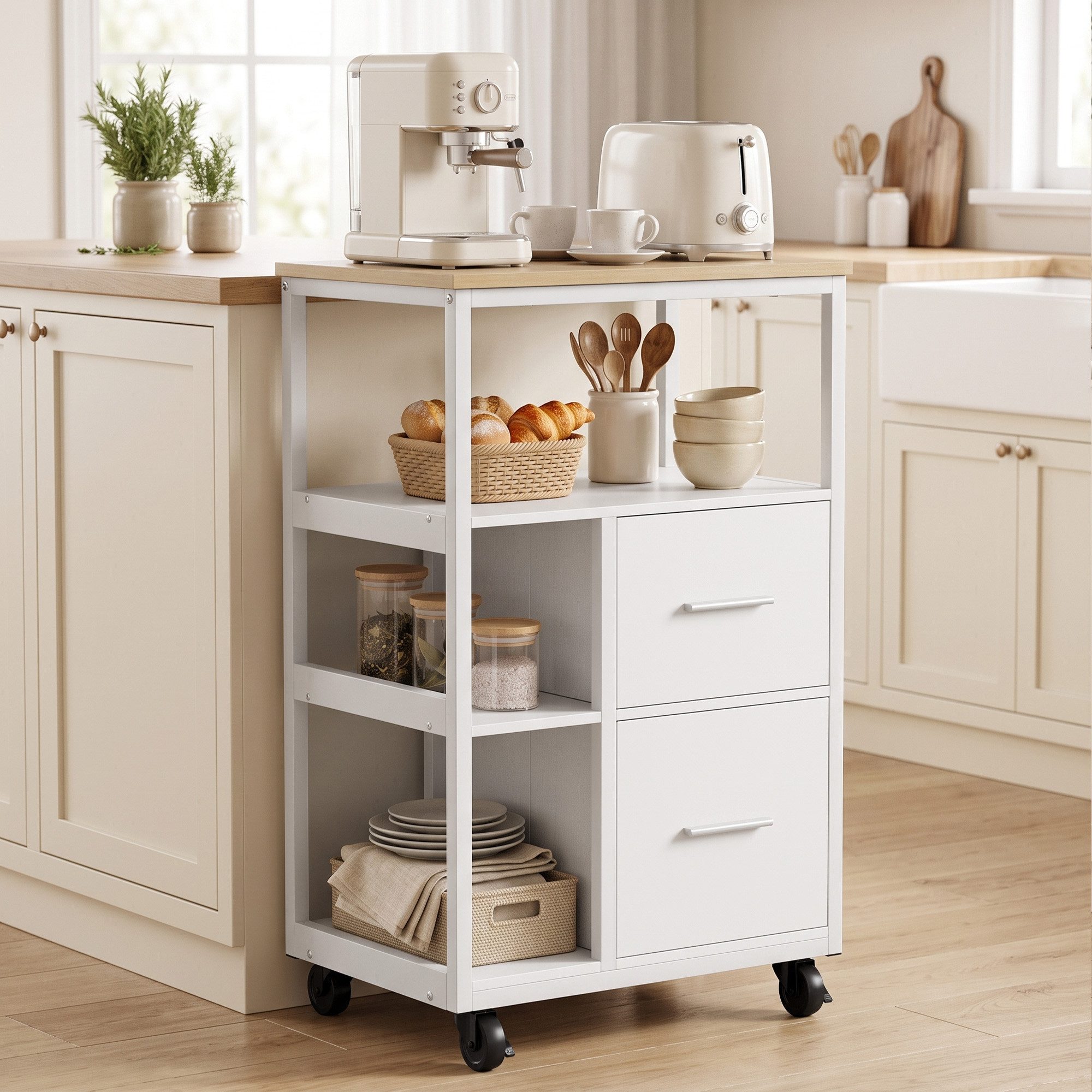 HOMCOM Küchenwagen Servierwagen mit Rollen, Arbeitsplatte für Esszimmer, (Servierwagen, 1 St., 1), Rollwagen, für Küche, Wohnzimmer