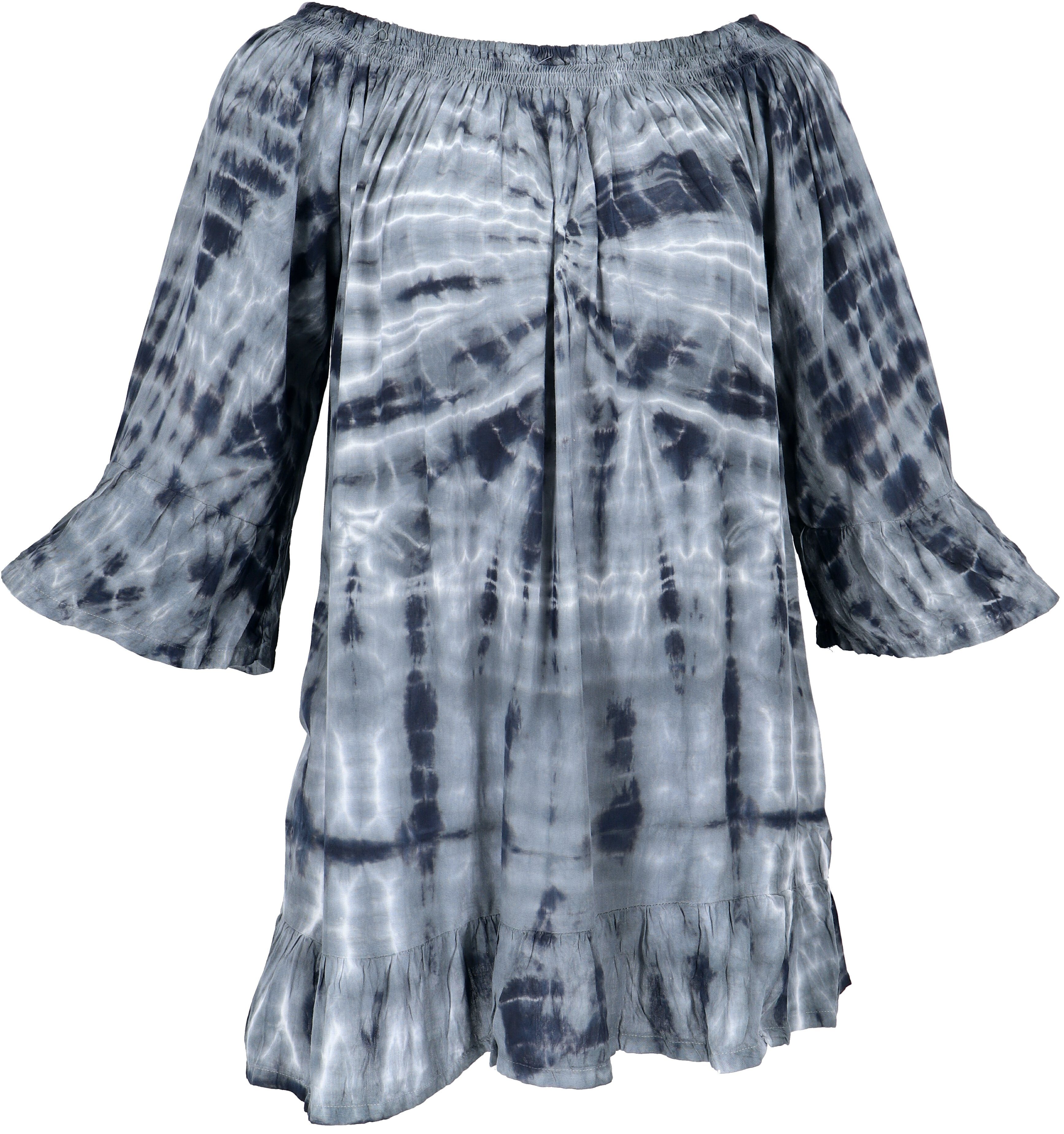 Guru-Shop Longbluse 3/4 Arm Batik Tunika, Minikleid, schulterfreie.. Festival, Ethno Style, Hippie, alternative Bekleidung blaugrau